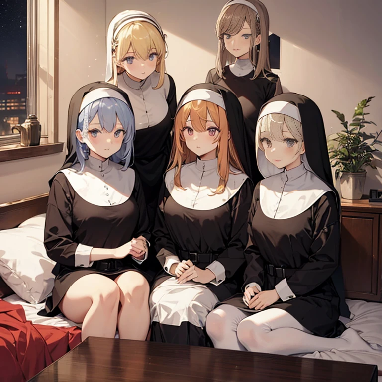 A group of  nuns, (in bedroom), various hair styles, harem, night, details face, seducing, 