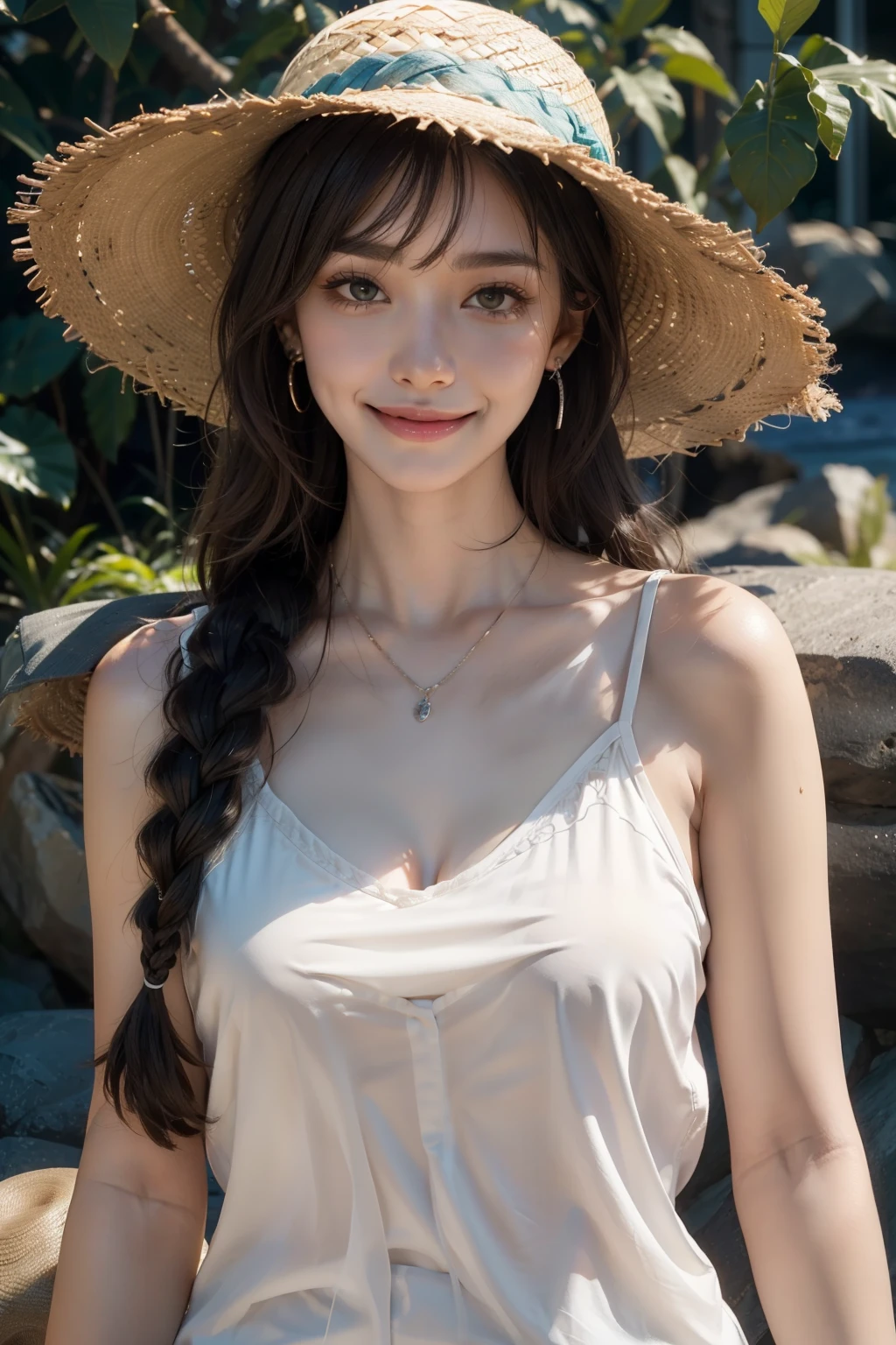 (HighestQuality, 8K,32k,masterpiece, UHD:1.2),Highly detailed CG Unity 8K wallpaper,intricate details,Raw photo,(realistic:1.4),atmosphere,ultra high resolution,genuineistic,genuine,Huge_file size,incredibly absurd,(in the center:1.3),ultra illustration,(Super detailed),dramatic lighting,different colors,written boundary depth,art：Krenz Kushart,golden hour lighting,Photographed with Canon EOS,SIGMA art lens 35mm F1.4,ISO200 Shutter speed 2000,blurred background,
break,
1 girl,(smile:1.4),because I&#39;thin,(one long Braid hair with see-through bangs,:1.4),alone,20 year old Japanese beauty, (sea,straw hat,white camisole:1.5),(light brown hair:1.5),((brown eyes)),largechest,chest, Soft white skin that shines in every detail,pale skin,very beautiful face,very well-shaped face,natural and realistic face,Highest,fine and beautiful eyes,impressive, Big eyes,fine eyes, smile, smile with your mouth closed, detailed mouth,lip details,glossy beautiful lips,glossy lips,simple earrings,necklace,jewelry, alone focus,low neckline,
break,
light from the front,nice,Are standing,sensual expression, break,
(Dutchangle:1.4),looking at the viewer,
break,Tzuyu,Yui Aragaki,