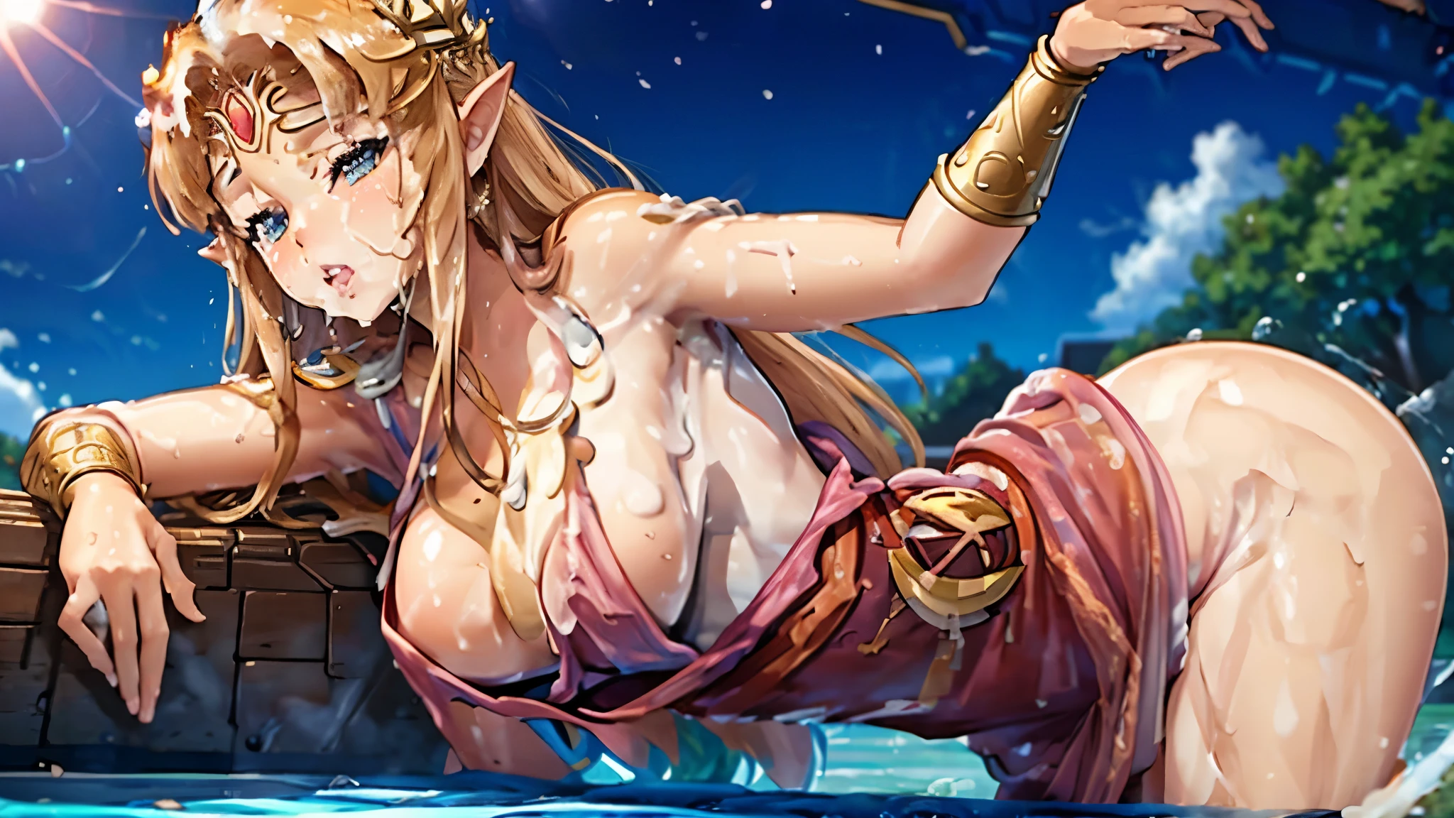 Hyper realistic super detailed sexy princess Zelda detailed, dunked in water, pool, swimming, wetlook, wet hair, expressions faciales sexy, seductive facial expressions, [:(Face detail: 1.4): 0.4], big butt, big breasts 16K resolution, 4k resolution, (Ventre plat parfait), (image couleur), BREAK pink dress, blunt bangs, satin, sparkling, side slit, night, crossed arms, masterpiece, best quality, highly detailed BREAK, looking at viewer, crouched down, masterpiece, best quality, highly detailed, desire, blush, (Beautiful and detailed eyes description), (beautiful and detailed face), Perfect female body, (Best Quality), (ultra-detailliert), (masuter piece), (hight resolution), (Original), (the Extremely Detailed CG Unity 8K Wallpapers)