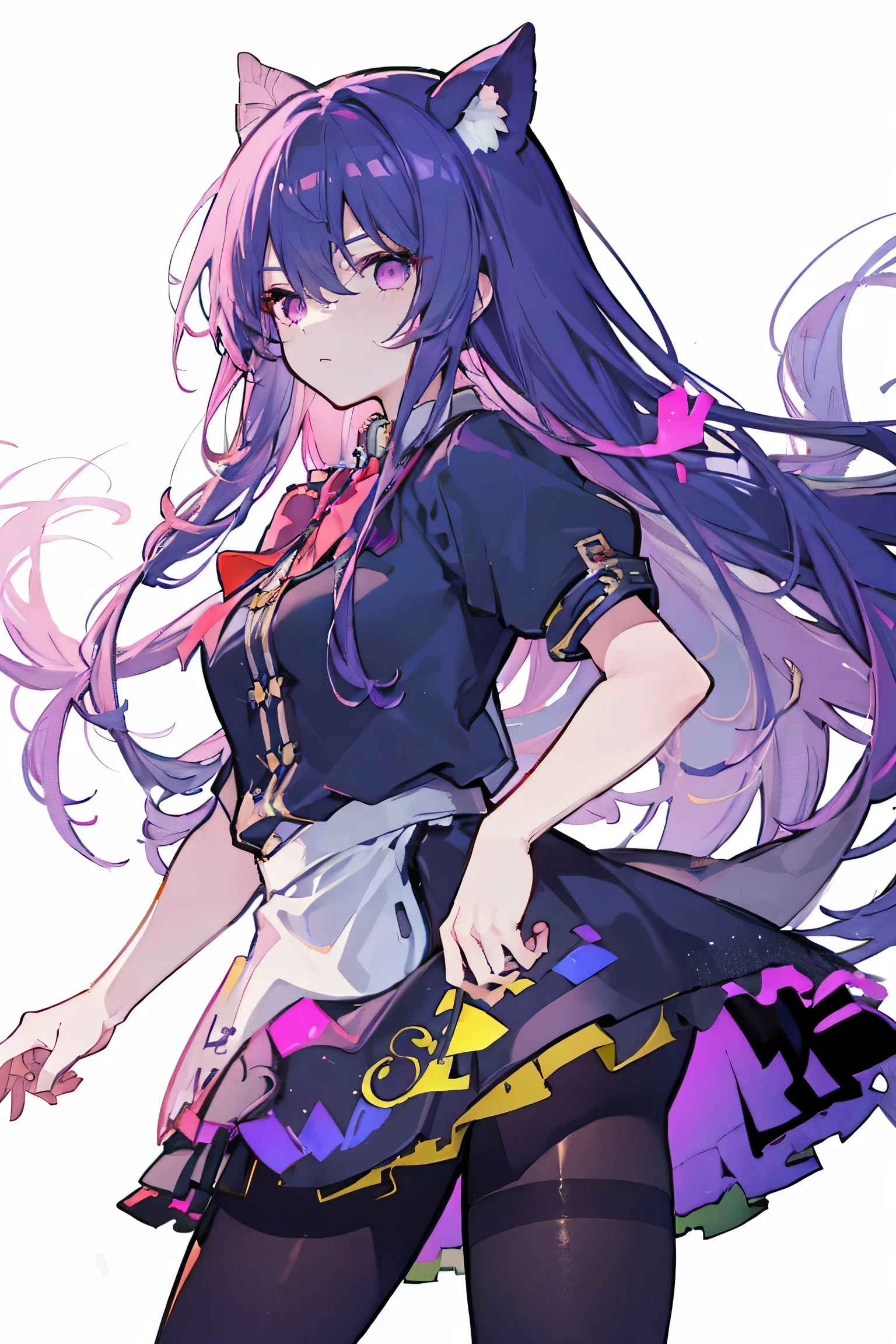 Guang Ling，masterpiece, best quality, a beautiful girl, Hair over the shoulders, Long pink hair, Purple Eyes, Uniforms, lace up pantyhose,