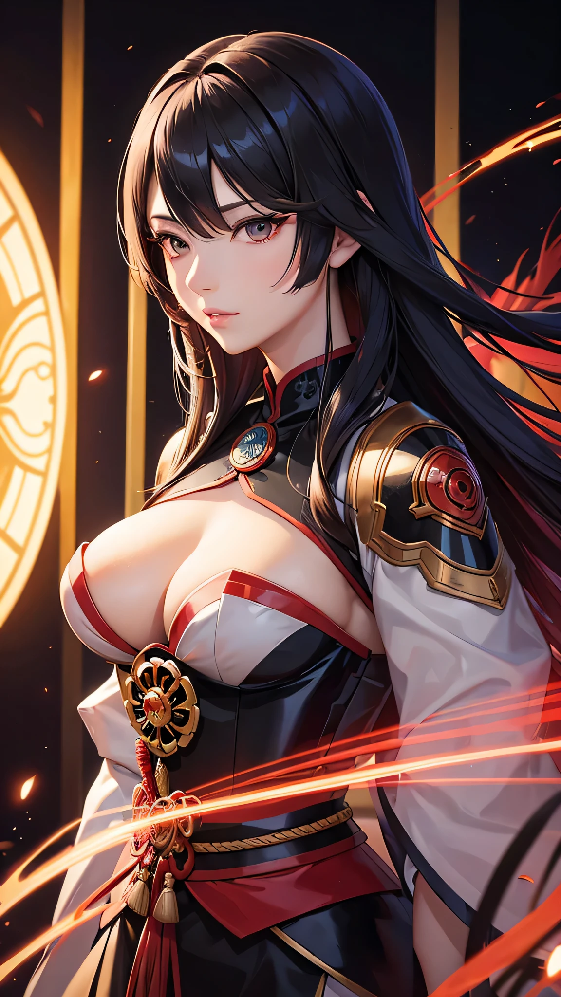 "Masterpiece depiction of Oda Nobunaga as a beautiful young woman in a high-quality 8K, ultra-detailed anime style, emphasizing her charismatic and innovative spirit. This portrayal features Nobunaga in a striking, Western-inspired armor, redesigned to fit a feminine silhouette with vivid reds and blacks. Her hair is styled in a sleek, modern cut, flowing elegantly. Her sharp, ambitious eyes gaze towards a futuristic backdrop, blending traditional Japanese castles with neon lights and cyber enhancements, symbolizing her transformative impact on Japanese history as a visionary leader."