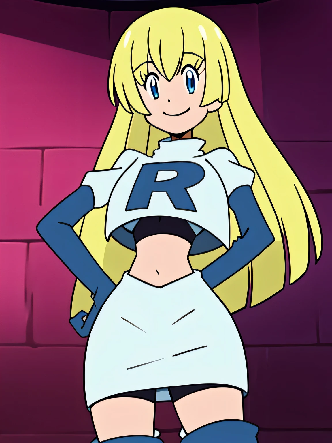 8k,1girl in, (solo:1.1), (perfect body:1.1), (best quality:1.1), very large breast, team rocket, team rocket uniform, red letter r, white skirt,white crop top,black thigh-high boots, black elbow gloves, smiling, looking down at viewer, hands on hips,zettai ryouiki,cowboy shot,colette