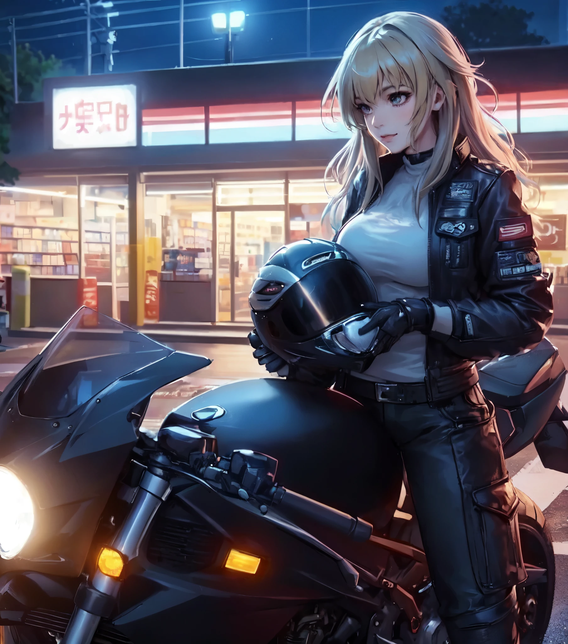 1lady standing, (straddling motorcycle), parked motorcycle, (stylish outfit), (rider's jacket) pants, mature female, /(beige hair/) bangs, (light smile:0.8), (masterpiece best quality:1.2) delicate illustration ultra-detailed, large breasts BREAK (holding full-face helmet) BREAK (in front of convenience store), outdoors, parking lot, (stylish motorcycle), midnight, dimly lit, contrast, detailed background