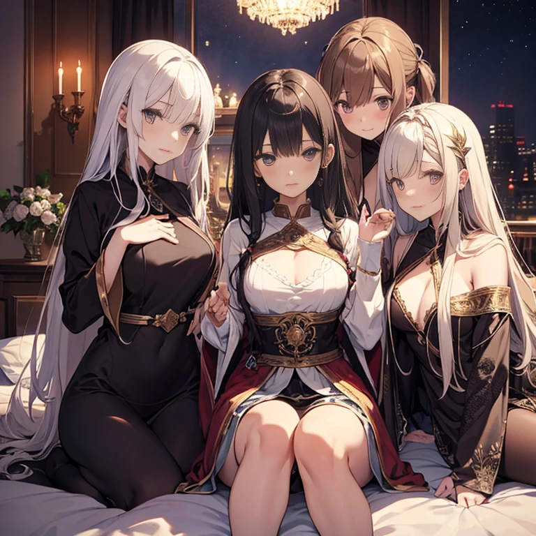 A group of priestesses, (in bedroom), various hair styles, harem, night, details face, seducing