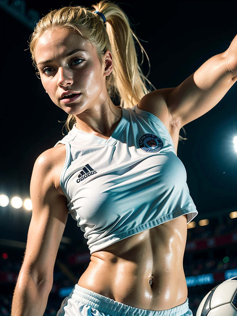 hyperrealism, (photorealistic:1.2), (photorealistic light:1.3), masterpiece, best quality, perfect detail, professional photo, realistic photo, raw photo, realistic style, detailed face, young girl, blonde, beautiful face, ponytail, fitness build , ((soccer uniform)), T-shirt and shorts, standing on a stadium, looking at the spectator