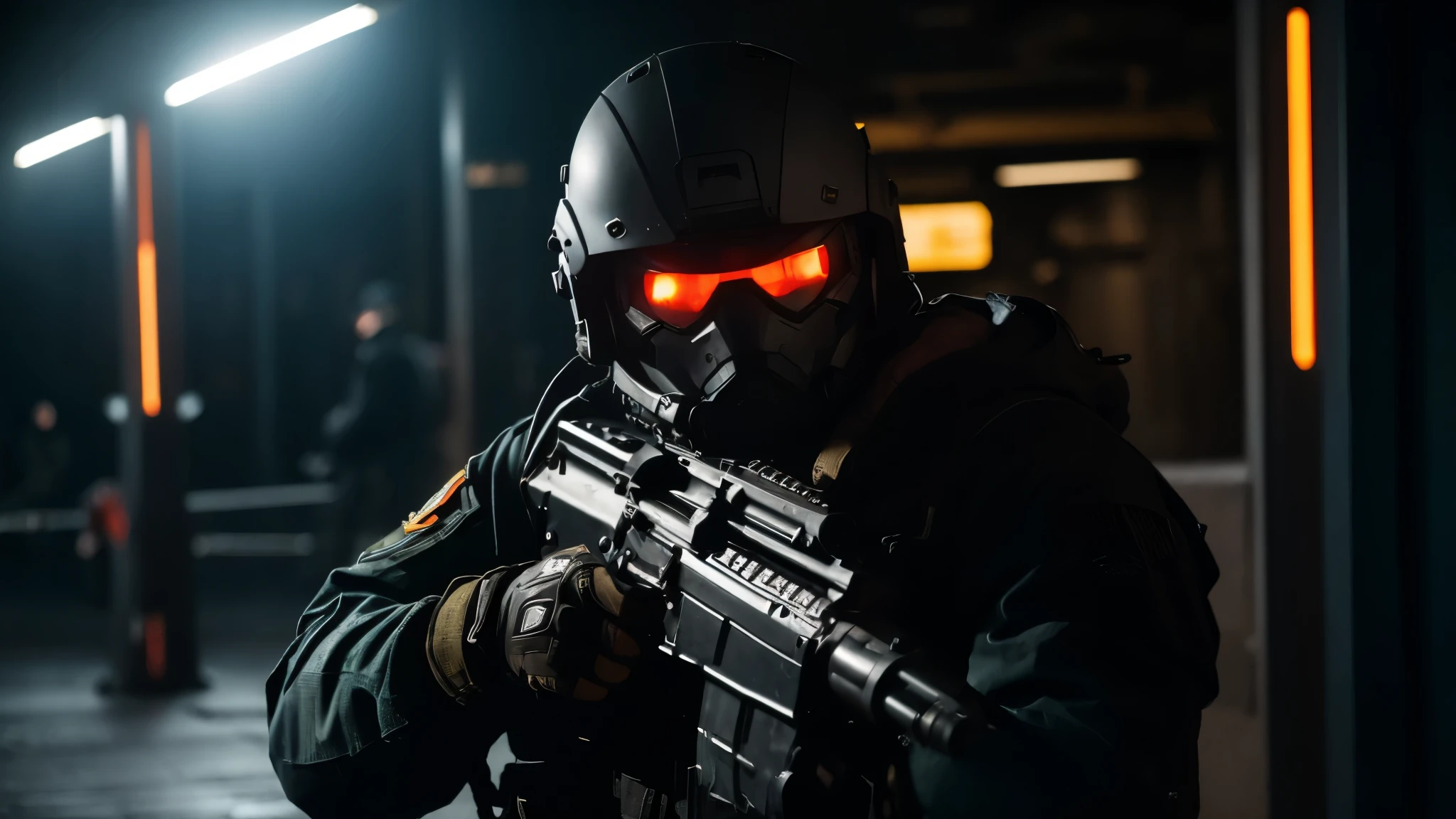 8 thousand,best quality, masterpiece, ultra high resolution, (realistic:1.4), RAW photos, cyberpunk, 1 soldier, Kanji, cool, special forces soldier, Hearing a gun, soft spotlight lighting, cyberpunk city, cyberpunk soldier