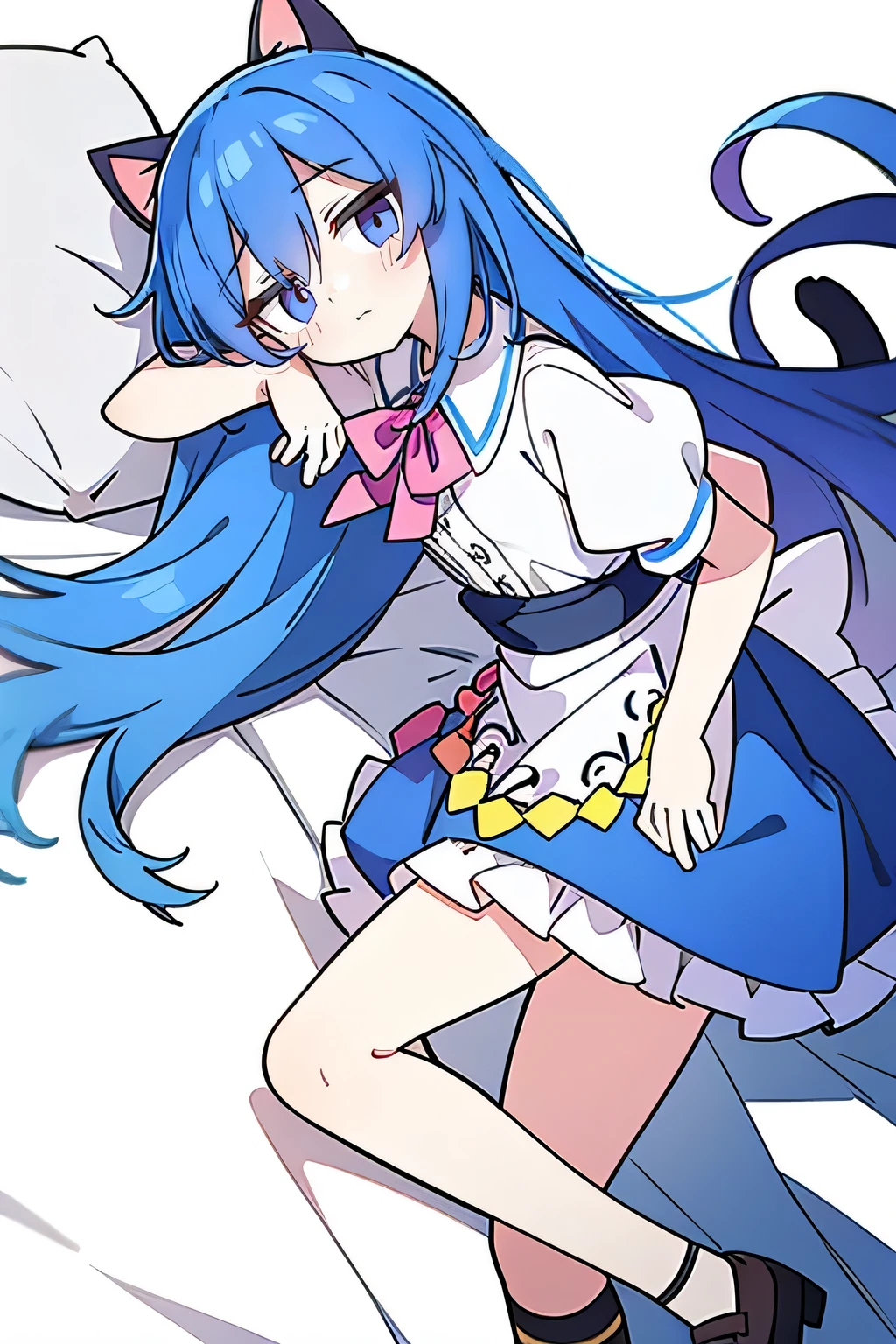 (Masterpiece), best quality, expressive eyes, perfect face, 1girl,
Put your hands on your waist, fair, gorgeous, Japanese comics, girl, Lola, young angel, blue hair, blue hair, flowing clothes, hug the waist, hug the waist, hands on hips, hands on hips, lay down , lying on the ground, legs on the ground, flat chest, cat ears