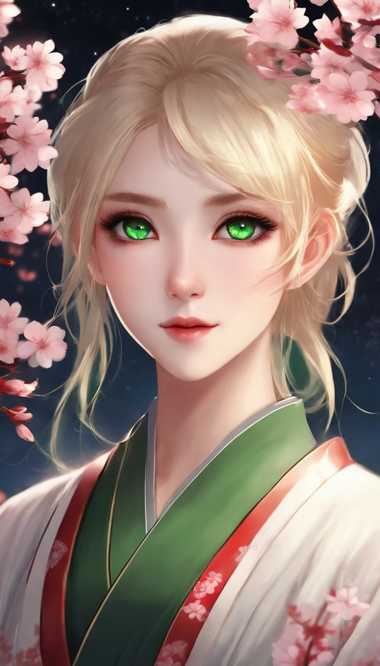 Green eyes, Overall view, Sakura in full bloom against the night sky background, Blonde, Alluring, Beautiful, Wide double eyelids, Large eyes, Green eyes, Elf, Kimono colors are white, black, red, Green eyes