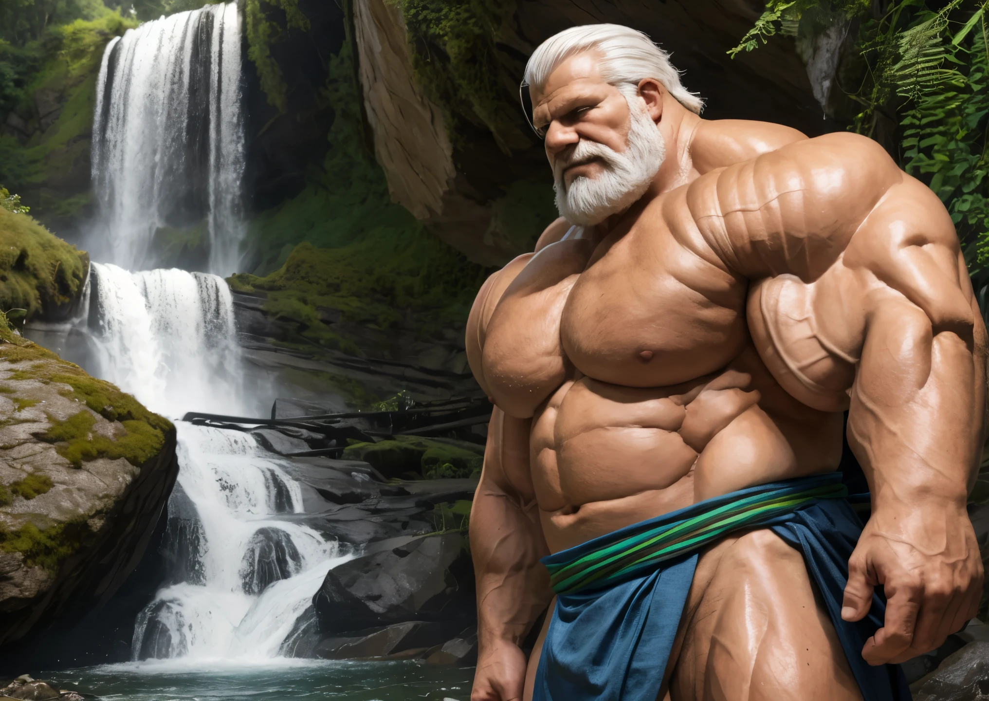 Solo, male focus, 1boy,Wide medium shots, ground level camera shot, (best quality,4k,8k,highres,masterpiece:1.2),ultra-detailed,(realistic,photorealistic,photo-realistic:1.37),((massive muscular)) ((huge Muscular)) old man standing in Waterfall  , Fundoshi  , white hair, super thick arms, super big pectoral, super wide pectoral, topless, shirtless. 