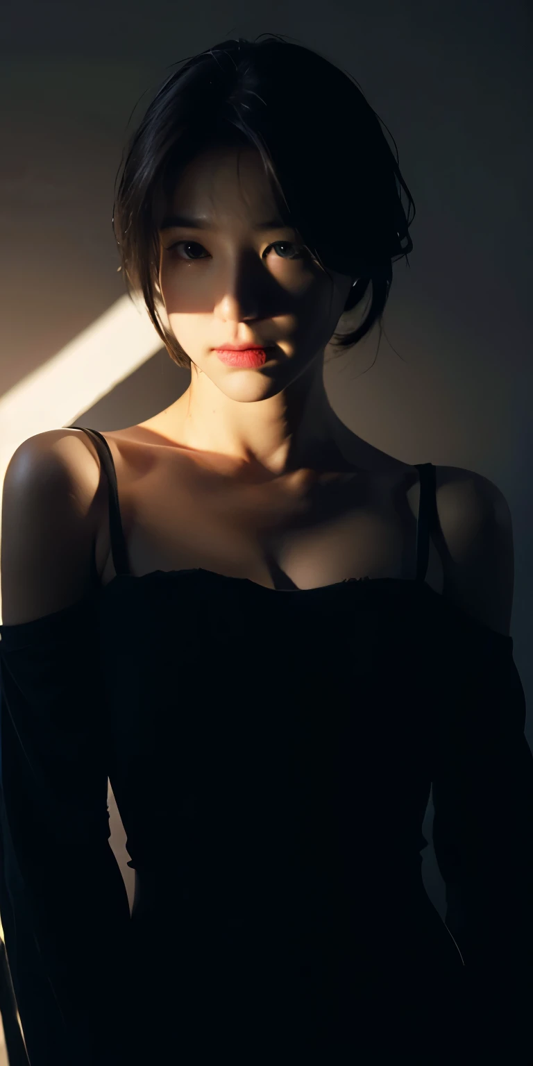best quality, masterpiece, ultra high resolution, (lifelike:1.5), original photo, 1 girl, Off the shoulders, in the darkness, deep shadow, low profile, cold light, sexy look, short hair