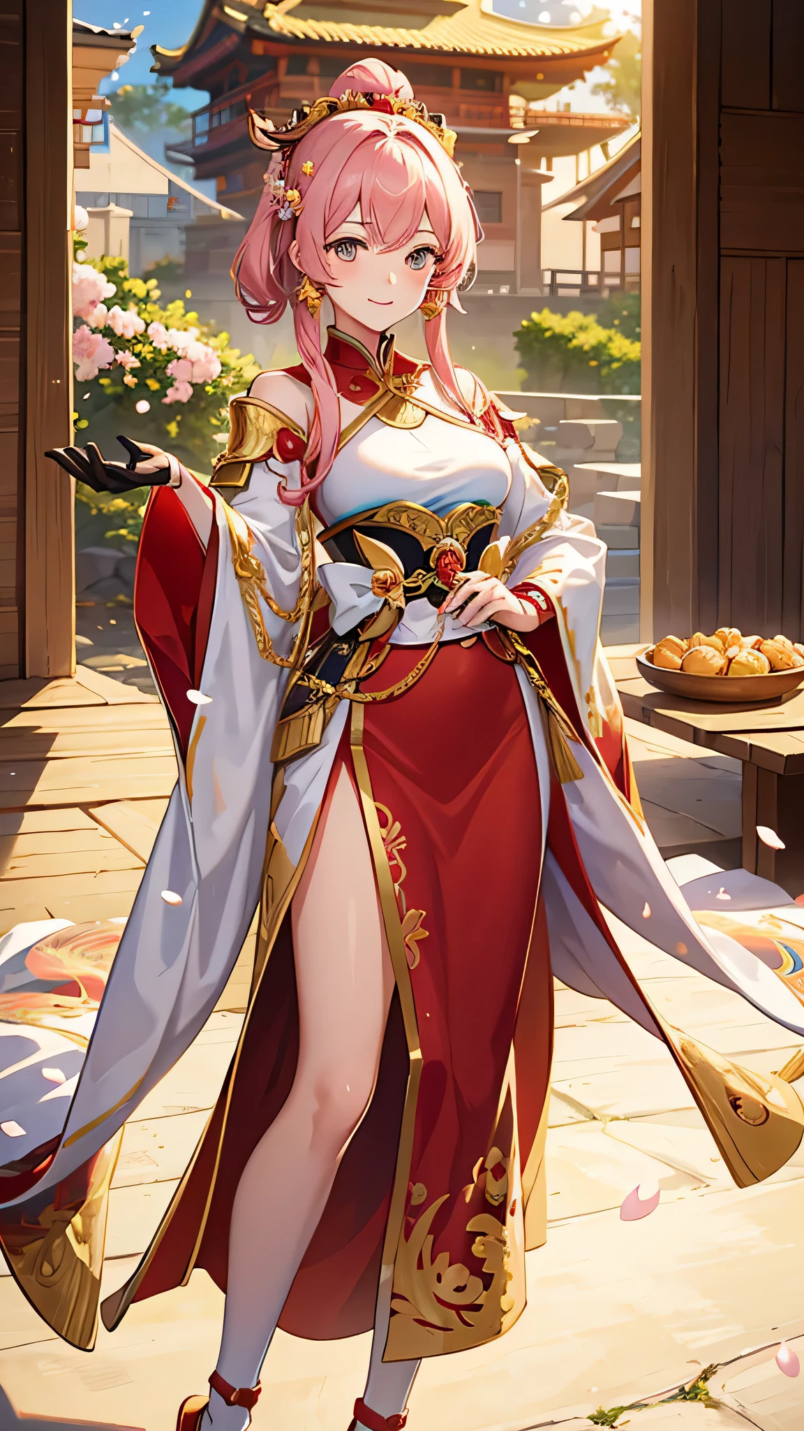 "Create a masterpiece depiction of Toyotomi Hideyoshi as a charming young woman in a beautiful, highest quality 8K, ultra-detailed anime style. Dressed in a bright golden armor tailored to accentuate a feminine form, this portrayal captures her warmth and approachability. The background features a lively, Edo-period market scene, reflecting her deep connection with the common people. Her friendly smile radiates under golden sunlight filtering through cherry blossoms, symbolizing her rise from a commoner to a beloved ruler, adored for her populist touch."