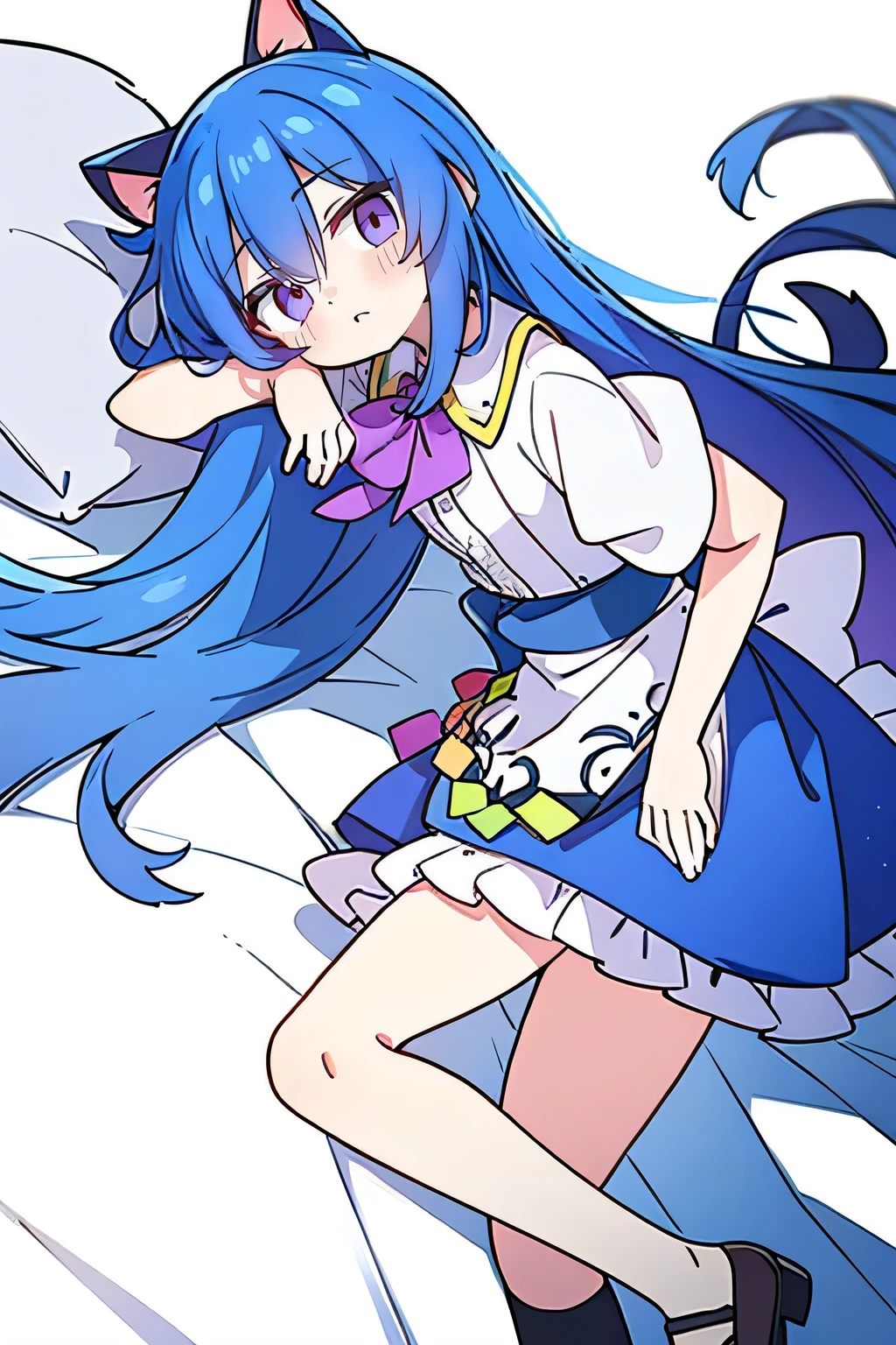 (Masterpiece), best quality, expressive eyes, perfect face, 1girl,
Put your hands on your waist, fair, gorgeous, Japanese comics, girl, Lola, young angel, blue hair, blue hair, flowing clothes, hug the waist, hug the waist, hands on hips, hands on hips, lay down , lying on the ground, legs on the ground, flat chest, cat ears