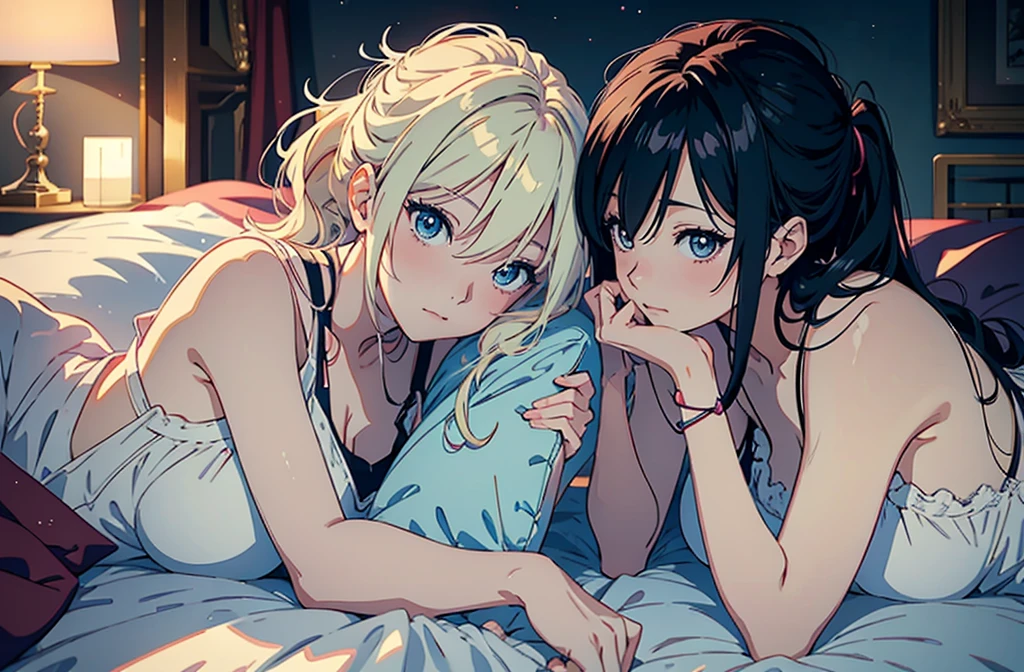 Anime-style image of two women lying in bed, two beautiful anime girl, anime girl, anime style 4k, 4k anime wallpaper, Anime Art Wallpaper 4K, anime art wallpaper 4k, 4k manga wallpaper, anime wallpaper 4k, anime wallpaper 4k, anime art wallpaper 8k