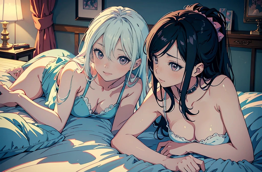 Anime-style image of two women lying in bed, two beautiful anime girl, anime girl, anime style 4k, 4k anime wallpaper, Anime Art Wallpaper 4K, anime art wallpaper 4k, 4k manga wallpaper, anime wallpaper 4k, anime wallpaper 4k, anime art wallpaper 8k