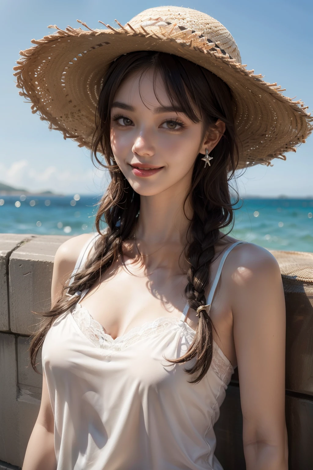 (HighestQuality, 8K,32k,masterpiece, UHD:1.2),Highly detailed CG Unity 8K wallpaper,intricate details,Raw photo,(realistic:1.4),atmosphere,ultra high resolution,genuineistic,genuine,Huge_file size,incredibly absurd,(in the center:1.3),ultra illustration,(Super detailed),dramatic lighting,different colors,written boundary depth,art：Krenz Kushart,golden hour lighting,Photographed with Canon EOS,SIGMA art lens 35mm F1.4,ISO200 Shutter speed 2000,blurred background,
break,
1 girl,(smile:1.4),because I&#39;thin,(one long Braid hair with see-through bangs,:1.4),alone,20 year old Japanese beauty, (sea,straw hat,white lace camisole:1.5),(light brown hair:1.5),((brown eyes)),largechest,chest, Soft white skin that shines in every detail,pale skin,very beautiful face,very well-shaped face,natural and realistic face,Highest,fine and beautiful eyes,impressive, Big eyes,fine eyes, smile, smile with your mouth closed, detailed mouth,lip details,glossy beautiful lips,glossy lips,simple earrings,necklace,jewelry, alone focus,low neckline,
break,
light from the front,nice,Are standing,sensual expression, break,
(Dutchangle:1.4),looking at the viewer,
break,Tzuyu,Yui Aragaki,