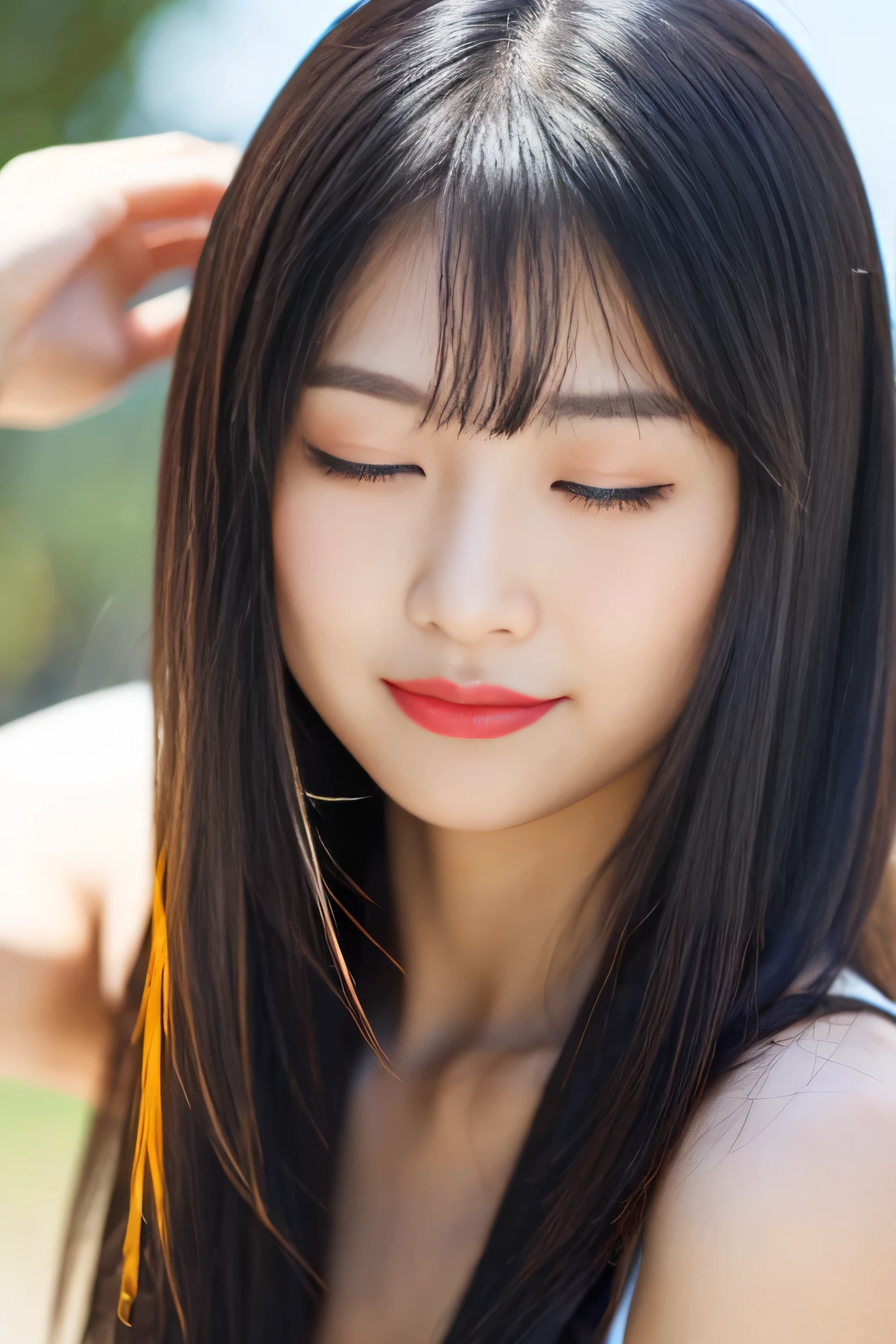 (She has her eyes closed and is making a happy kissing face.) (((Very long black hair 1.3))) ((highest quality)), ((masterpiece)), (thatにget used to that) ((顔のclose-up)) perfect beautiful face (The most beautiful 18-year-old Japanese gravure idols) hairstyle(dull bangs) ridiculously long hair, black shiny hair, Very shiny, unusually long hair, 厚く輝くunusually long black hair,Jet black silky hair Her hair is very long and straight very long, Thin black hair down to the waist, get used to that unusually long black hair, unusually long black hair, Very long black hair ((Rich 1.4)) beautifull get used to that face 8K (Ultra-fine skin texture 1.4) (actual, lively:1.4), double eyelid sharp focus:1.2、Beautiful woman:1.4 The whole body is super beautiful々New skin texture ((clear She has the typical skin tone of a Japanese person. Beautiful light makeup The lipstick is a light pink color)) Unique Japanese faces Japan body type that'that'that'It's sunny here, Cloudless beach She wears a white bikini