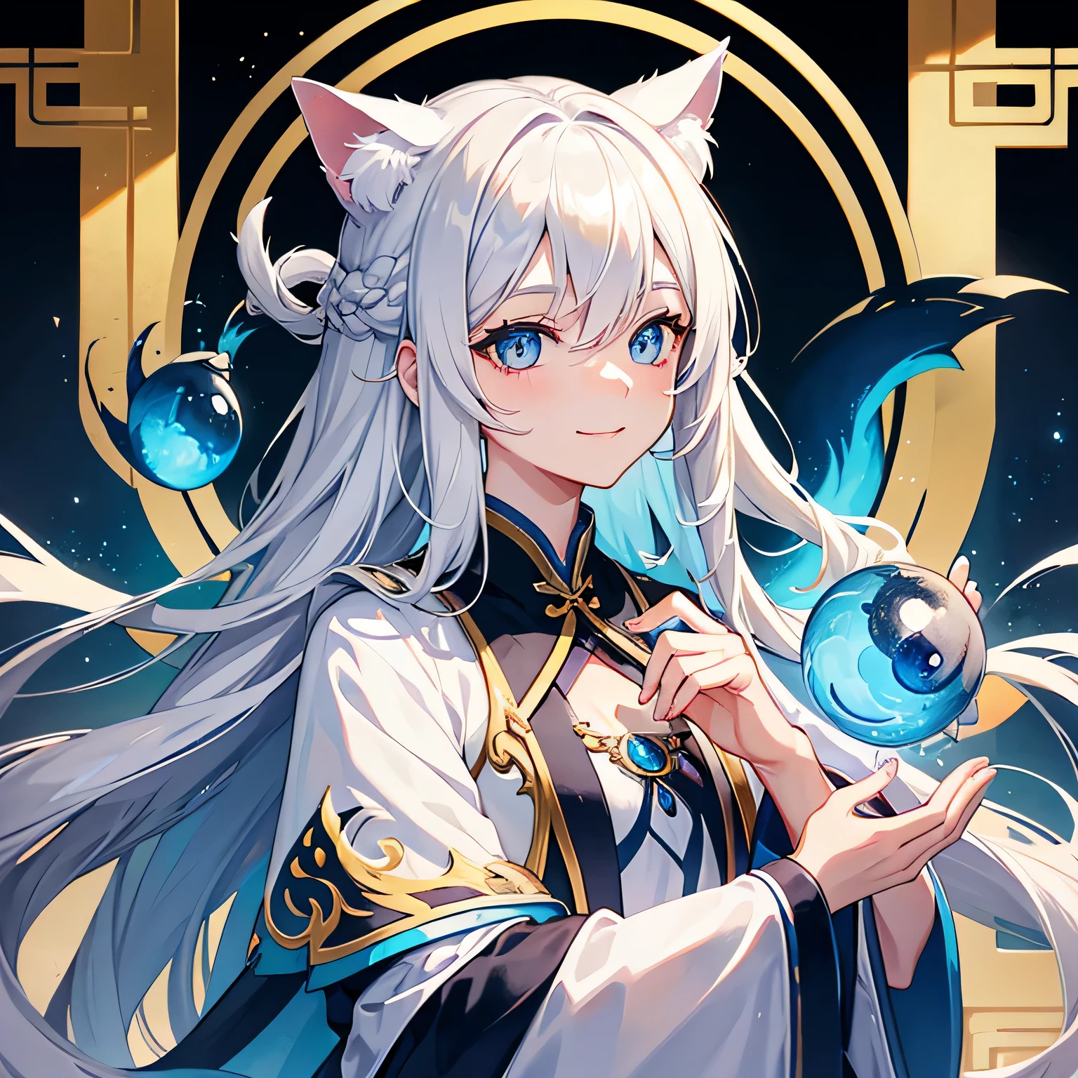 semi-long,silver hair,pretty girl.wizard,Cat ear,Right eye is yellow,Left eye is blue,gentle smile,icon,seems kind,odd eye,Chinese clothes,Eye-catching