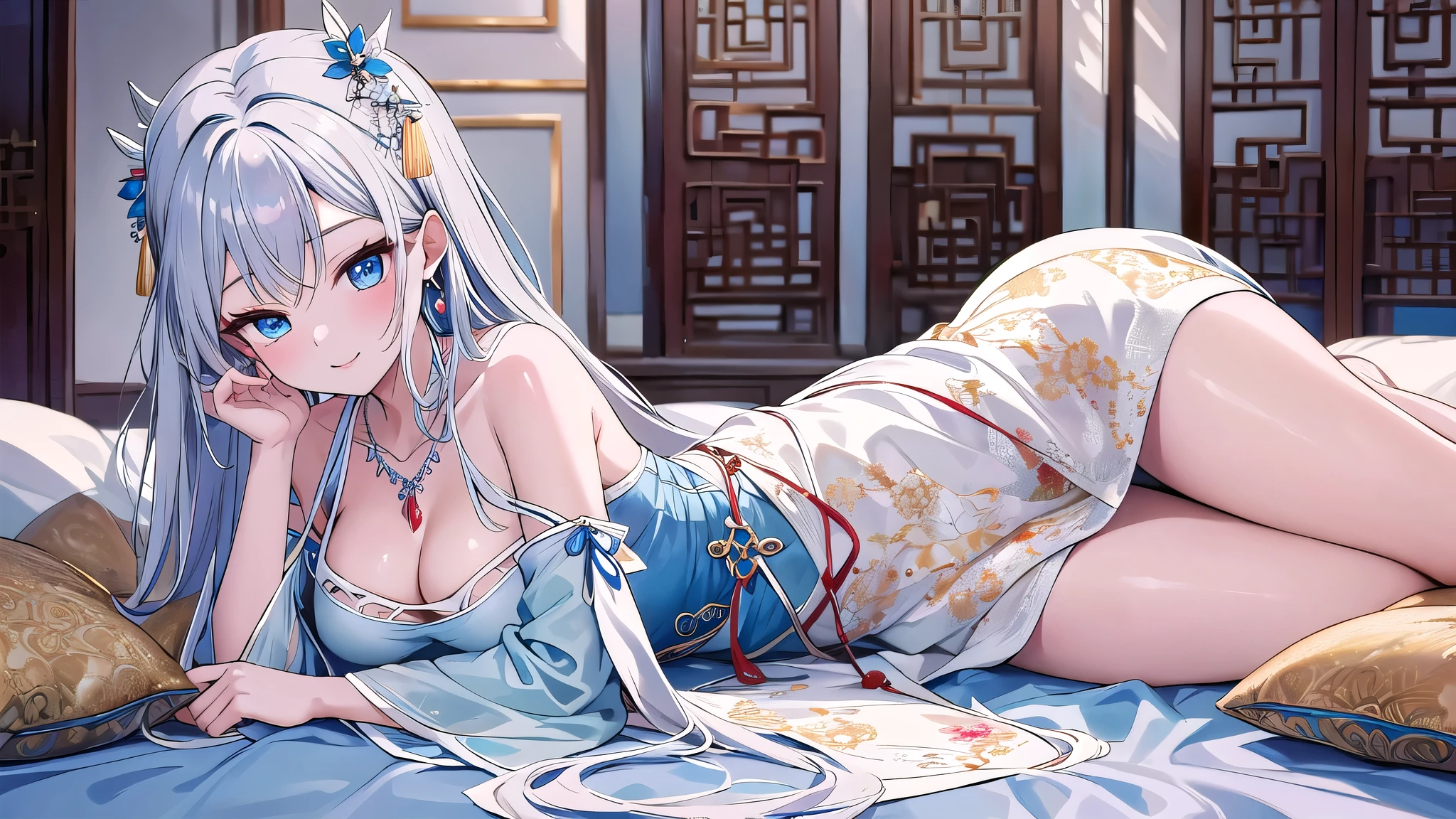 masterpiece, highest quality, High resolution, silver long hair,blue eyes, hair accessory, medium breasts, With sleeves, necklace, jewelry, halter neck, cleavage,China dress, indoors, on the bed、lying down、Angle from the side、 gentle smile、２０age、earrings