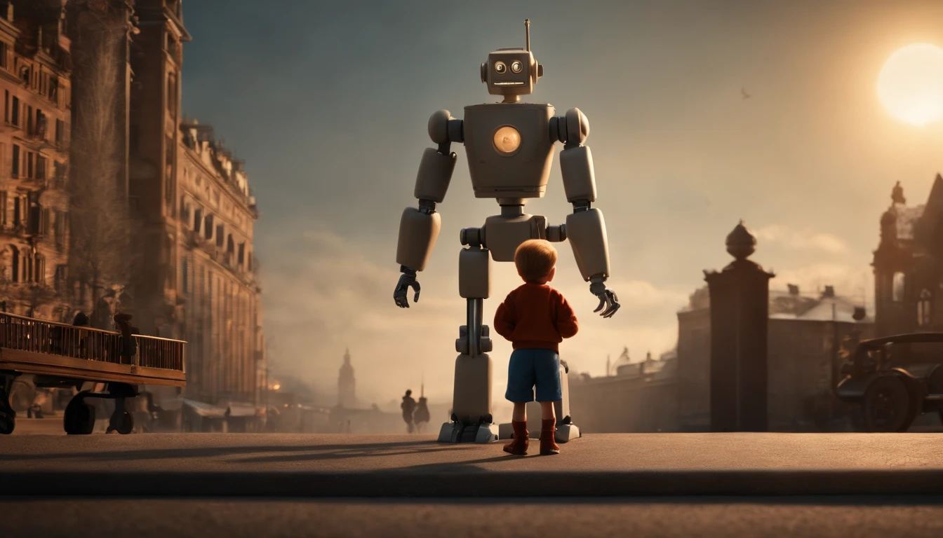 Back view of a boy around 10 years old,Next to it is a small old robot toy.,I see the city burning like a battlefield,tintin style,advanced details, highest quality, 16k, [Super detailed], masterpiece, highest quality, (Super detailed), full body, super wide shot, Photorealism 3D Rendering 3DMM,