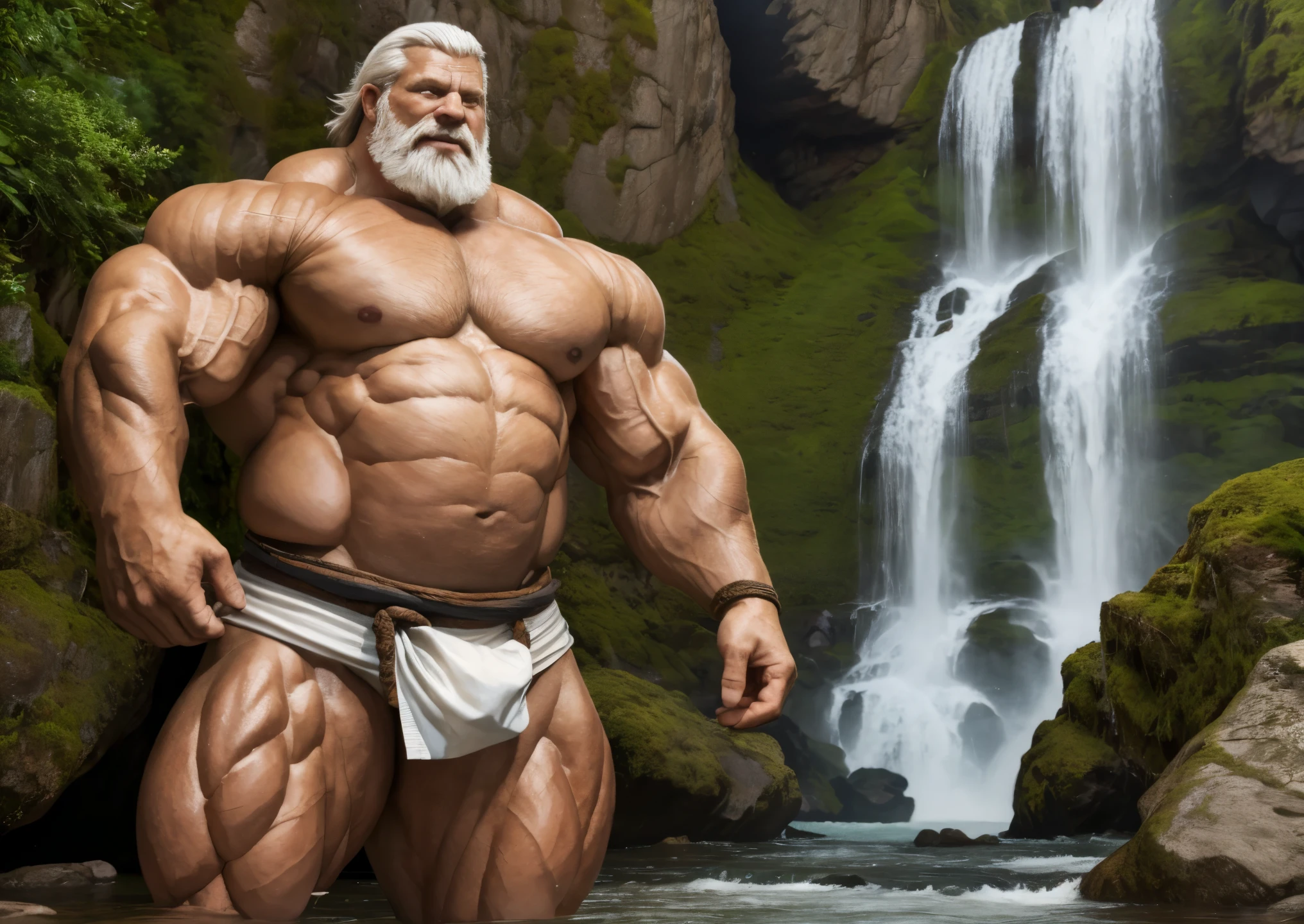 Solo, male focus, 1boy,Wide medium shots, ground level camera shot, (best quality,4k,8k,highres,masterpiece:1.2),ultra-detailed,(realistic,photorealistic,photo-realistic:1.37),((massive muscular)) ((huge Muscular)) old man standing in Waterfall  , Fundoshi  , white hair, super thick arms, super big pectoral, super wide pectoral, topless, shirtless. 