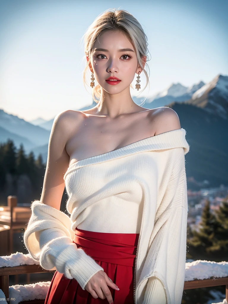((top quality,8k,Masterpiece:1.3)),Extremely delicate and beautiful girl,full-body shot,huge breasts,bigger breasts,amazing breast size,G cup,Wear big earrings,Very white skin,moist red lips,Waist is very thin,Thighs are very thin,big butt,fair and smooth skin,Smooth and fair skin,flawless skin,Fair and shiny skin,cold white skin,The camera focuses on the chest,Bright light,white sweater,Lower body exposed,bare shoulders,white hair,hair is white,heavy snow,snow mountain,sunset,Rizhao Jinshan,