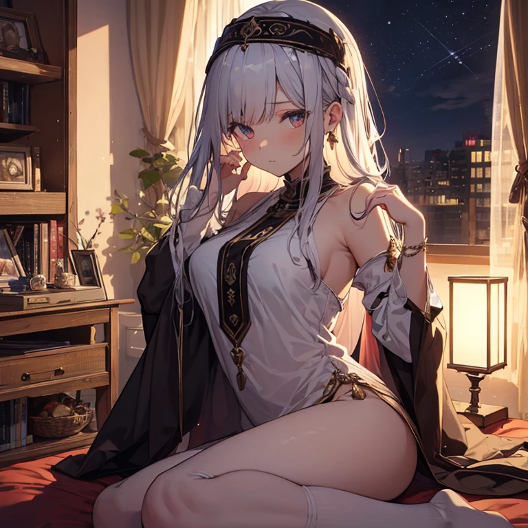 NSFW,masterpiece,Highest quality,High resolution,Very detailed,Girl,Silver Hair,long hair,Golden Eyes,Small breasts,Short height,goddess,A dazzling silk long dress,Arabia,gem,Decoration,Temple of the Night,altar,Your sleeping quarters,Starry Sky,Ancient,Seduce,Sexy pose