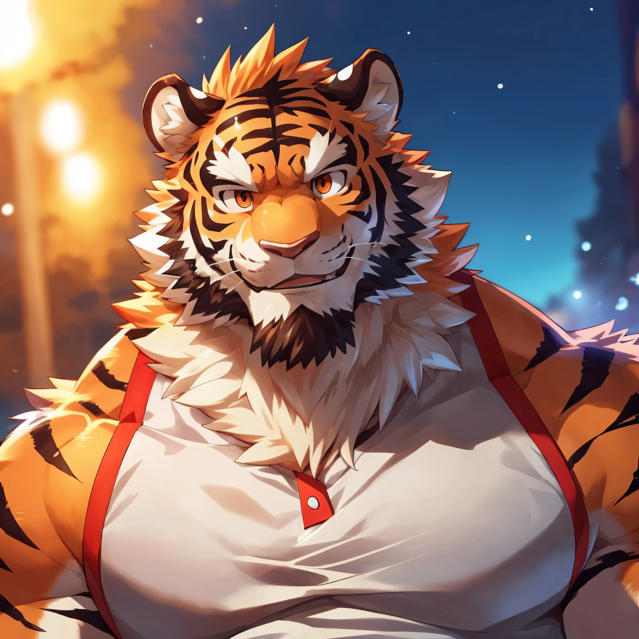 Humanity, Kanno, male, alone, ((round face, Very plump face,Orange Eyes,thick beard)), ((endomorph body type, Handsome)), (Modern shirt), ((domestic Tiger, Tiger) fluffy fur, fluffy), (by the river), Bokeh, (high quality, high resolution, masterpiece), (dynamic lighting, Bright colors), (Generous smile), (Face focus), Front view (close up), cartoon, author：Arashi Takemoto, by zixiong, Through Chun Ni, by empty ghost