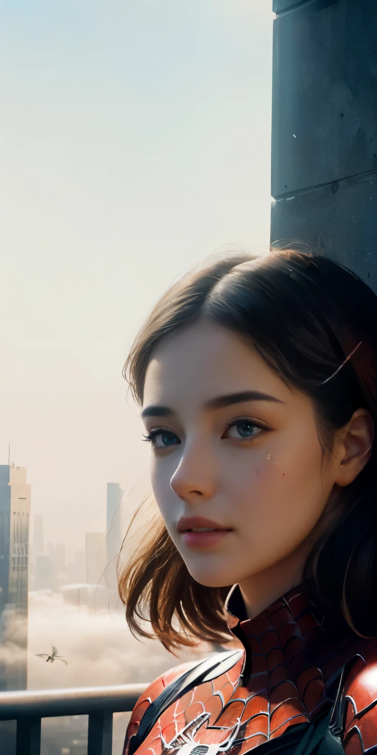 (1girl:1.3), Solo, (((Very detailed face)))), ((Very detailed eyes and face)))), Beautiful detail eyes, Body parts__, Official art, Unified 8k wallpaper, Super detailed, beautiful and beautiful, beautiful, masterpiece, best quality, original, masterpiece, super fine photo, best quality, super high resolution, realistic realism, sunlight, full body portrait, amazing beauty, dynamic pose, delicate face, vibrant eyes, (from the front), She wears Spider-Man suit, red and black color scheme, spider, very detailed city roof background, rooftop, overlooking the city, detailed face, detailed complex busy background, messy, gorgeous, milky white, highly detailed skin, realistic skin details, visible pores, clear focus, volumetric fog, 8k uhd, DSLR, high quality, film grain, fair skin, photo realism, lomography, futuristic dystopian megalopolis, translucent