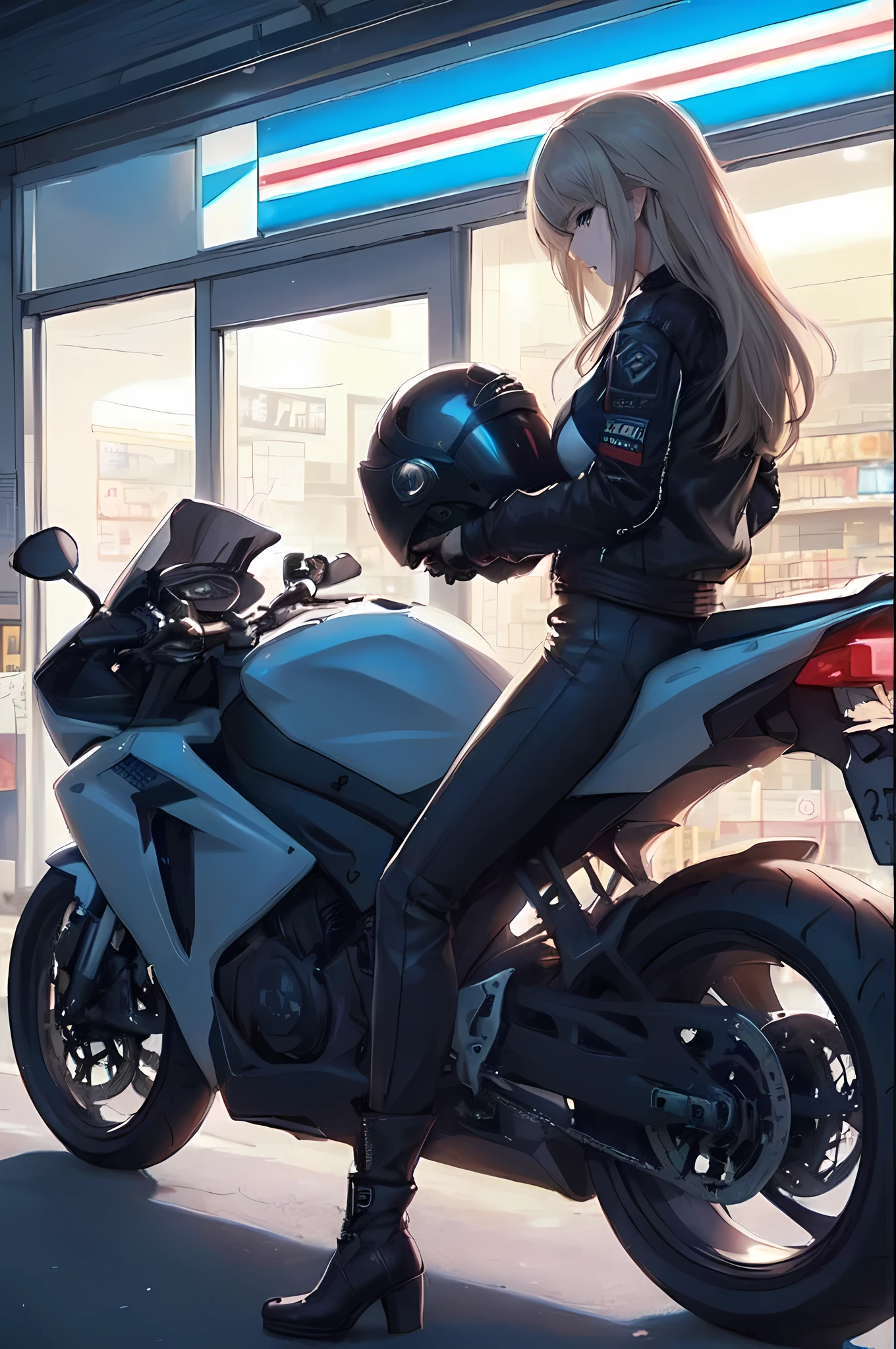 1lady standing, from side, (straddling motorcycle), parked motorcycle, (stylish outfit), (rider's jacket) pants, mature female, /(beige hair/) bangs, cool expression, (light smile:0.6), (masterpiece best quality:1.2) delicate illustration ultra-detailed, large breasts BREAK (holding full-face helmet) BREAK (in front of convenience store), outdoors, parking lot, (stylish motorcycle), midnight, dimly lit, contrast, detailed background