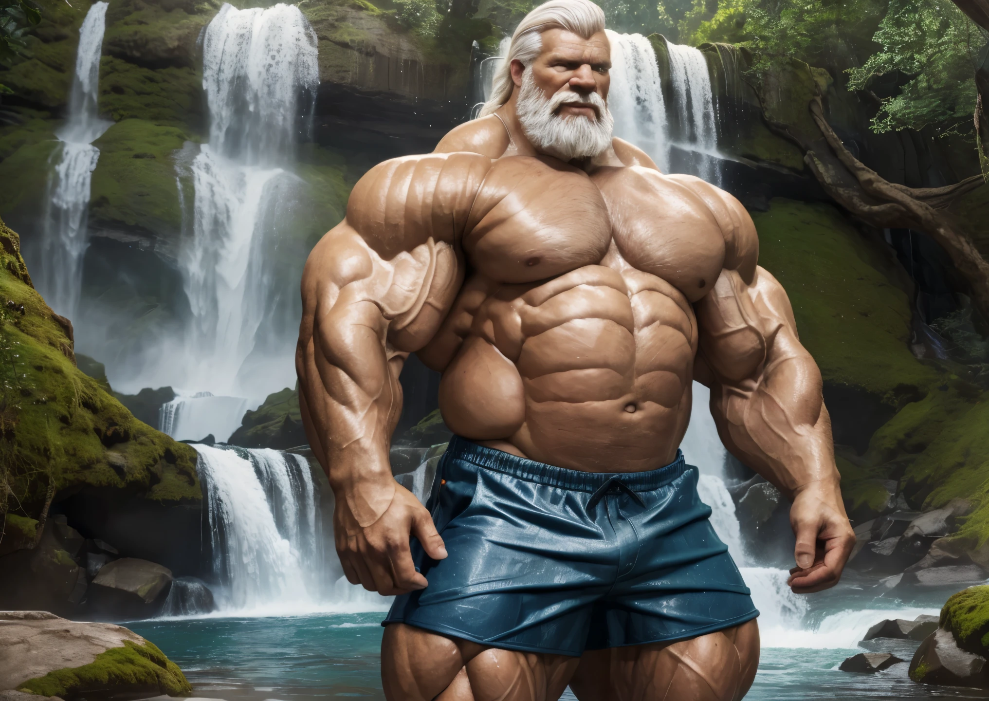 Wide medium shots, ground level camera shot, (best quality,4k,8k,highres,masterpiece:1.2),ultra-detailed,(realistic,photorealistic,photo-realistic:1.37),((massive muscular)) ((huge Muscular)) old man standing in Waterfall, rainbow , shorts , white hair, super thick arms, super big pectoral, super wide pectoral, topless, shirtless.