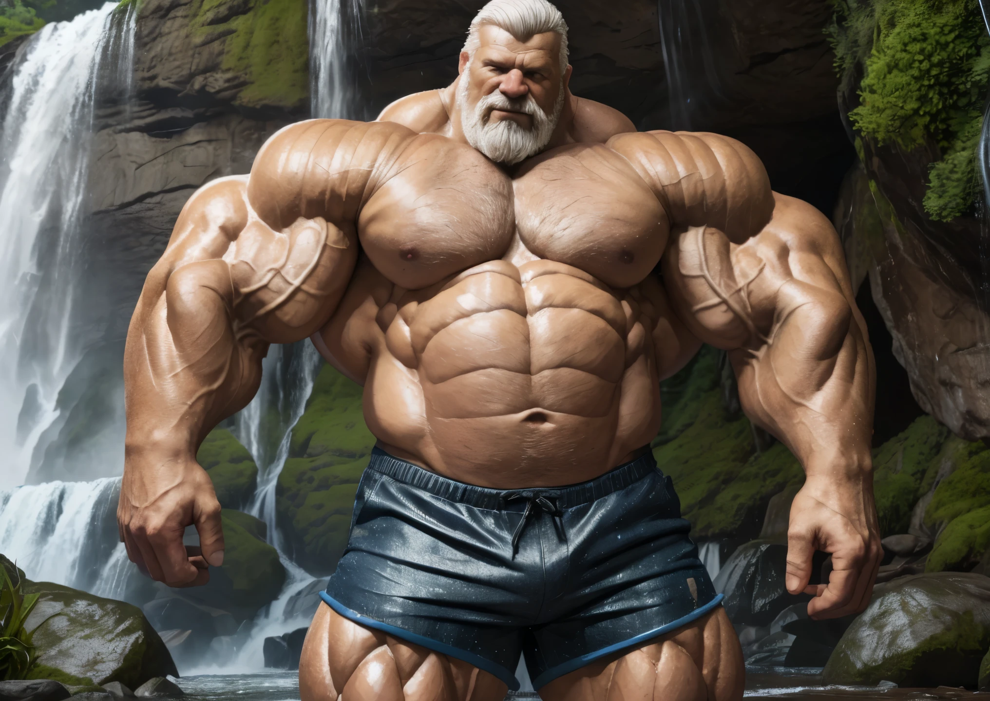 Wide medium shots, ground level camera shot, (best quality,4k,8k,highres,masterpiece:1.2),ultra-detailed,(realistic,photorealistic,photo-realistic:1.37),((massive muscular)) ((huge Muscular)) old man standing in Waterfall, rainbow , shorts , white hair, super thick arms, super big pectoral, super wide pectoral, topless, shirtless.
