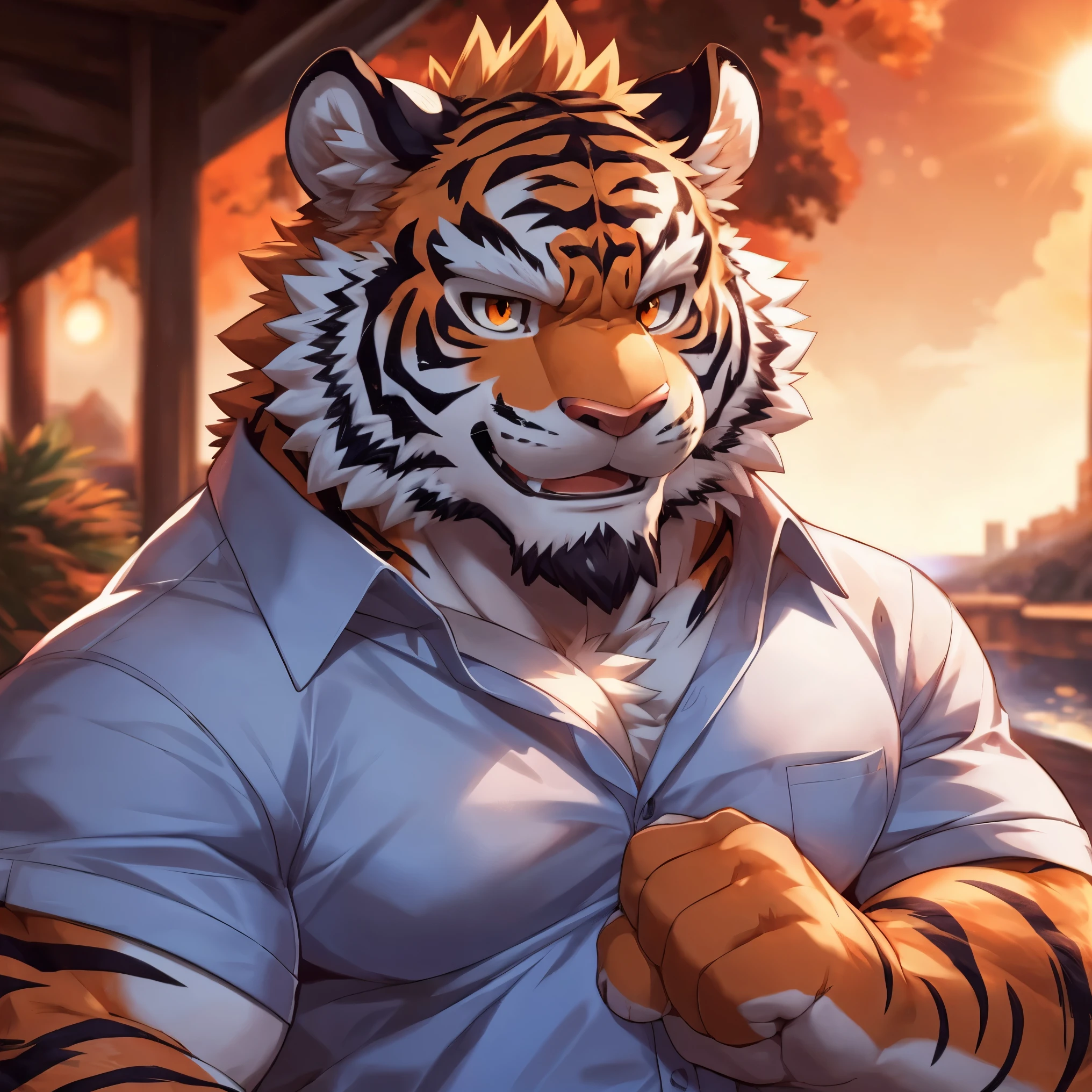 Humanity, Kanno, male, alone, ((round face, Very plump face,Orange Eyes,thick beard)), ((endomorph body type, Handsome)), (Modern shirt), ((domestic Tiger, Tiger) fluffy fur, fluffy), (by the river), Bokeh, (high quality, high resolution, masterpiece), (dynamic lighting, Bright colors), (Generous smile), (Face focus), Front view (close up), cartoon, author:Arashi Takemoto, by zixiong, Through Chun Ni, by empty ghost