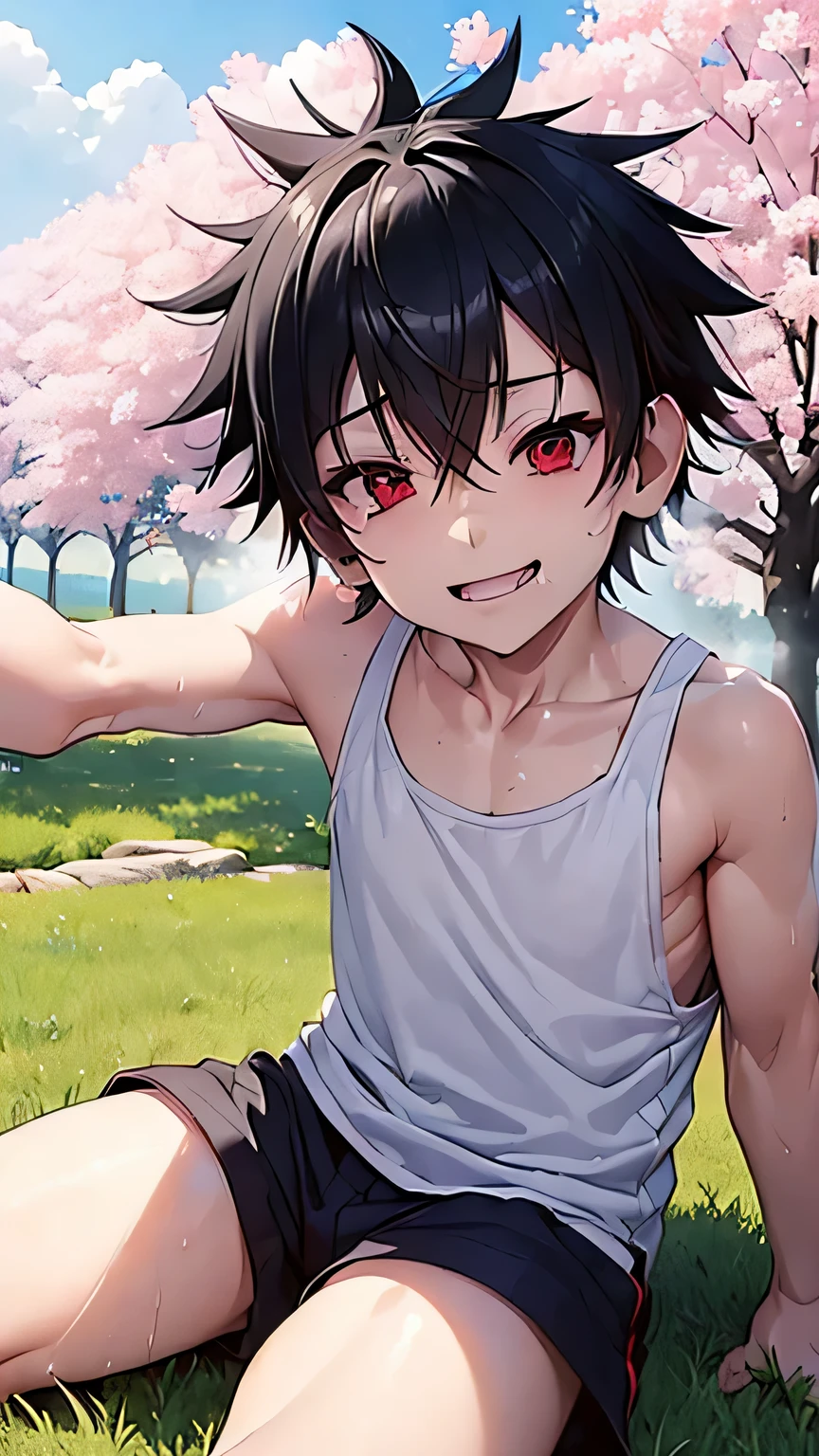 (2 shota:1.5), over size white tank top, (((best quality, masterpiece))), (cerebral palsy:1.5), ((fragile)), ((spiked hair)), wine red eyes, sraised arms, (sky blue short pants), black hair, (sweaty:1.3),  lying down on grass, cherry blossoms, (smiling), open mouth, (earings), shake hands, thin outline,