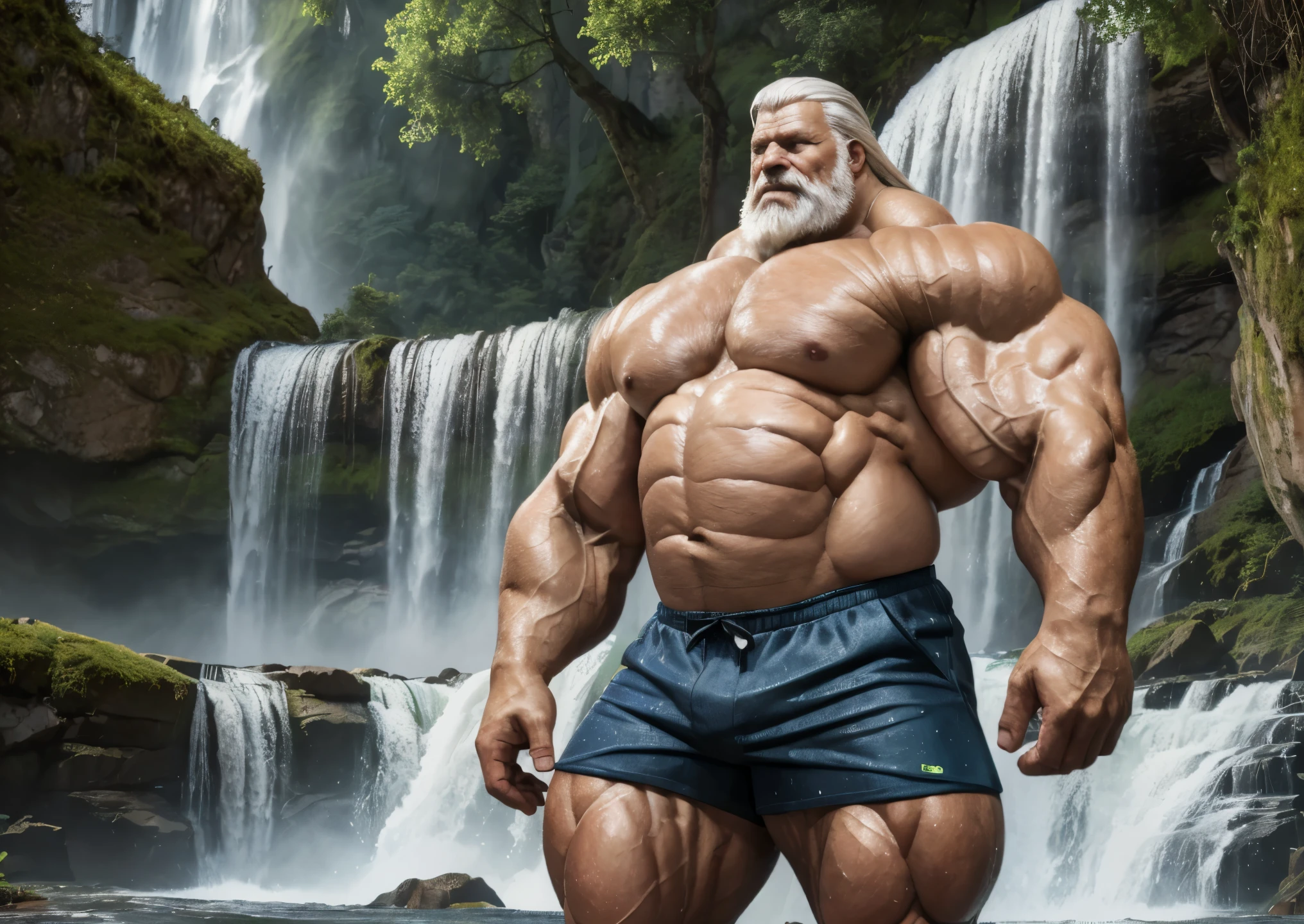 Wide medium shots, ground level camera shot, (best quality,4k,8k,highres,masterpiece:1.2),ultra-detailed,(realistic,photorealistic,photo-realistic:1.37),((massive muscular)) ((huge Muscular)) old man standing in Waterfall, rainbow ,  shorts , white hair, super thick arms, super big pectoral, super wide pectoral, topless, shirtless. 