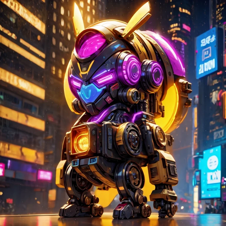 side close-up，a close up of a robot with a glowing head and a purple background, cyber mech, in style of beeple, cyberpunk pikachu, style hybrid mix of beeple, 3 d render beeple, cute elaborate epic robot, beeple masterpiece, cyberpunk art style, yellow mech, beeple!!, cyber steampunk 8 k 3 d（（（future）））（Telephoto Tilt-Shift）