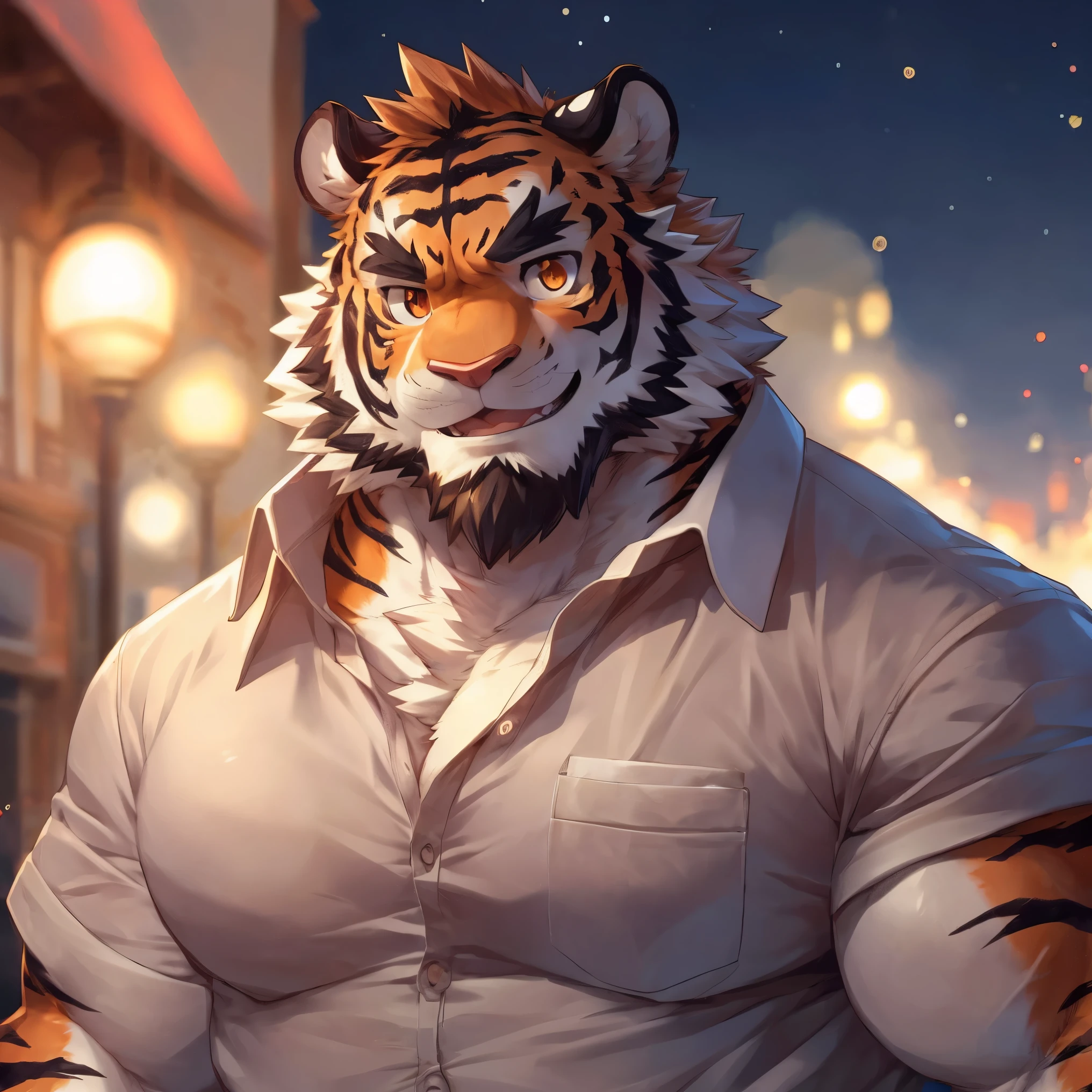 Humanity, Kanno, male, alone, ((round face, Very plump face,Orange Eyes,thick beard)), ((endomorph body type, Handsome)), (Modern shirt), ((domestic Tiger, Tiger) fluffy fur, fluffy), (by the river), Bokeh, (high quality, high resolution, masterpiece), (dynamic lighting, Bright colors), (Generous smile), (Face focus), Front view (close up), cartoon, author:Arashi Takemoto, by zixiong, Through Chun Ni, by empty ghost
