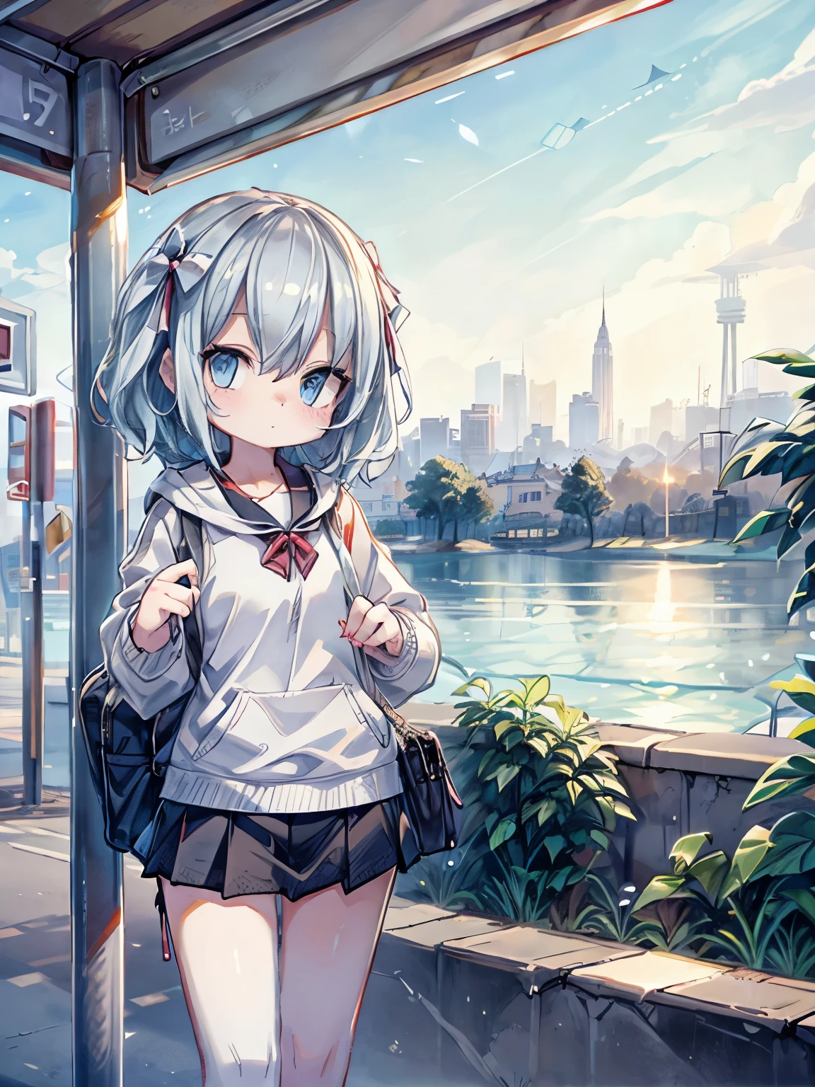 (masterpiece), town, blue sky, One Girl, smile, alone, Jumper skirt、Sailor suit、 Overgrown, petal, plant、Skirt lining、Translucent slip、nostalgic、Black Pantyhose