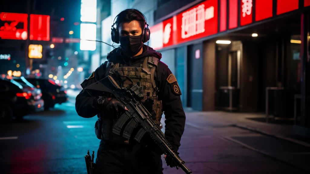 8 thousand,best quality, masterpiece, ultra high resolution, (realistic:1.4), RAW photos, cyberpunk, 1 soldier, Chinese character, cool, special forces soldier, I hear a gunshot, soft spotlight lighting, cyberpunk city, cyberpunk soldier