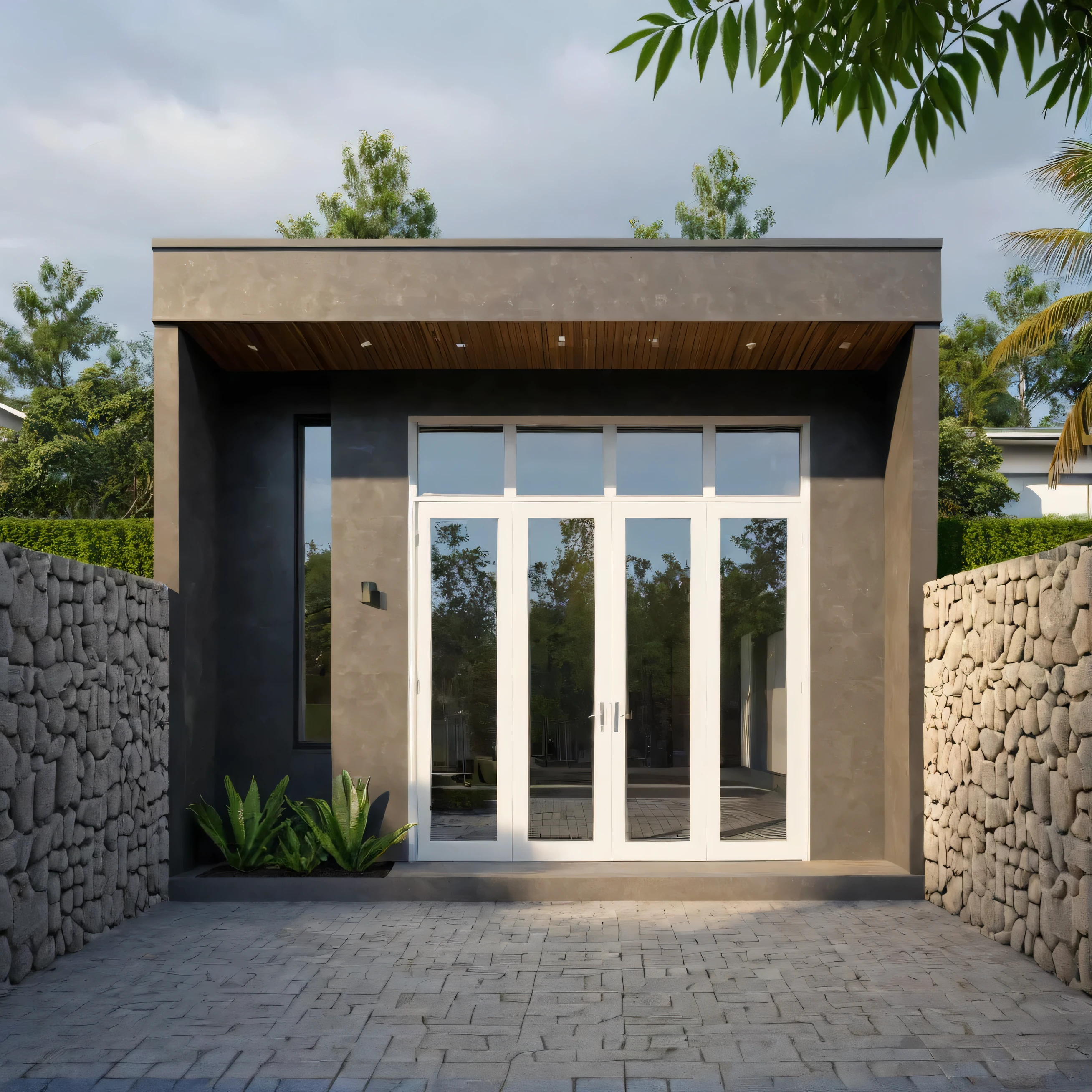 a view of a modern home with a large front yard, main material by white wall and stone and wood, 1 road runs in front of the house, (RAW photo, real, best quality, masterpiece:1.2), look morden minimalist, 1 road in front of the house, shime ring light, light brighteness from indoor:1.2, dynamic lighting:1.3, (hyper realistic, photo-realistic:1.2), high quality, day lighht, hight contrast :0.5 perfect lighting, archdaily, award winning contemporary, contemporary masterpiece, well-designed masterpiece, large modern residence, neotraditional modern, wide angle exterior 2022, midcentury modern, contemporary house, hip modern vibe, a long-shot from front, award winning modern design, stunning lines, residential, subtle detailing, light indoor:1.3