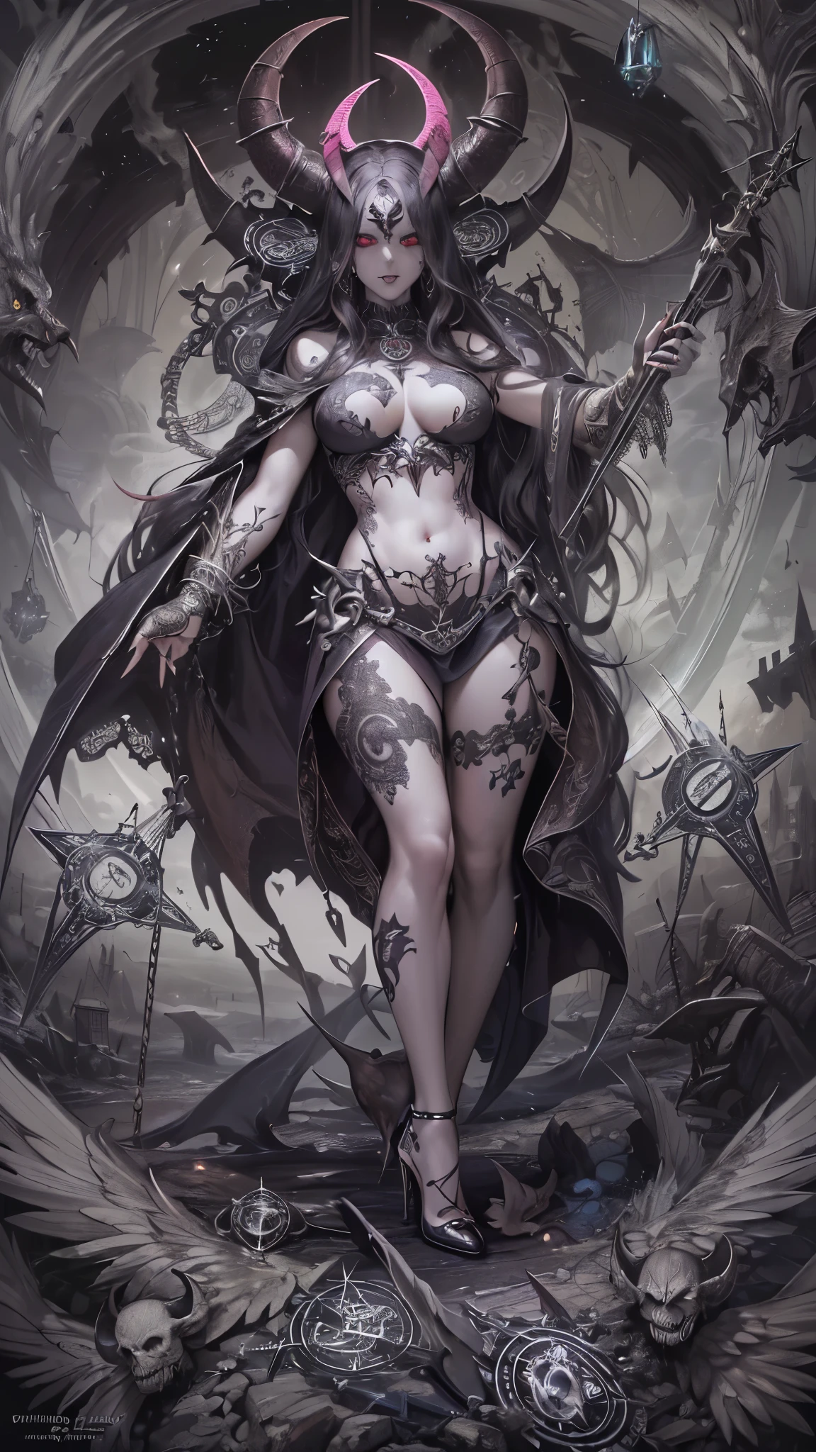 ((highest quality)),(ultra high resolution),(Super detailed),(detailed description),((The best CG)),(best work of art),super precision art,amazing drawing art,(Fantasy art with intricate detail:1.5), (Female Devil:1.6),(A beautiful face with a hint of madness:1.6),(disaster々New tattoo:1.4),(stiletto heels:1.6), (Blasphemous Magic Circle:1.8), Skull Moon, bat,