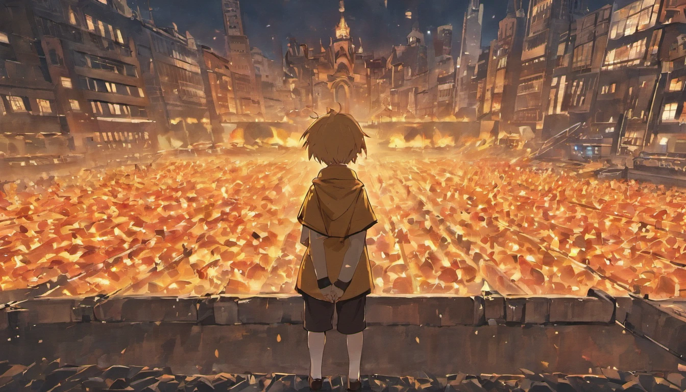 Back view of a boy ,Next to it is a small old robot toy.,I see the city burning like a battlefield,tintin style,advanced details, highest quality, 16k, [Super detailed], masterpiece, highest quality, (Super detailed), full body, super wide shot, Photorealism 3D Rendering 3DMM,