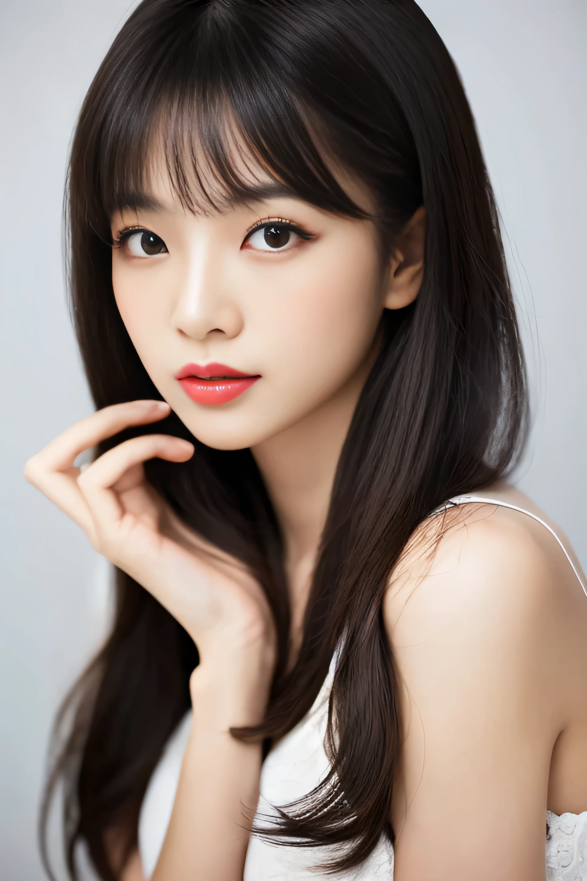 1 girl (She was made to sit upright and stare at the man's genitals with her eyes closed and a blissful expression.) (((Very long black hair 1.3))) ((highest quality)), ((masterpiece)), ((Shooting from the chest up)) perfect beautiful face (The most beautiful Japanese 18 year old beauties) (Neatly trimmed princess cut bangs) ridiculously long hair, black shiny hair, Very shiny, unusually long hair, 厚く輝くunusually long black hair,Jet black silky hair Her hair is very long and straight very long, Thin black hair down to the waist, get used to that unusually long black hair, unusually long black hair, Very long black hair ((Rich 1.4)) beautifull get used to that face 8K (Ultra-fine skin texture 1.4) (actual, lively:1.4), double eyelid sharp focus:1.2、Beautiful woman:1.4 The whole body is super beautiful々New skin texture ((Detailed sexy makeup with bright red lipstick)) Unique Japanese faces Japan body type that'she's room.。There are white walls and a white bed.. professional lighting she'Wearing white sheer lingerie