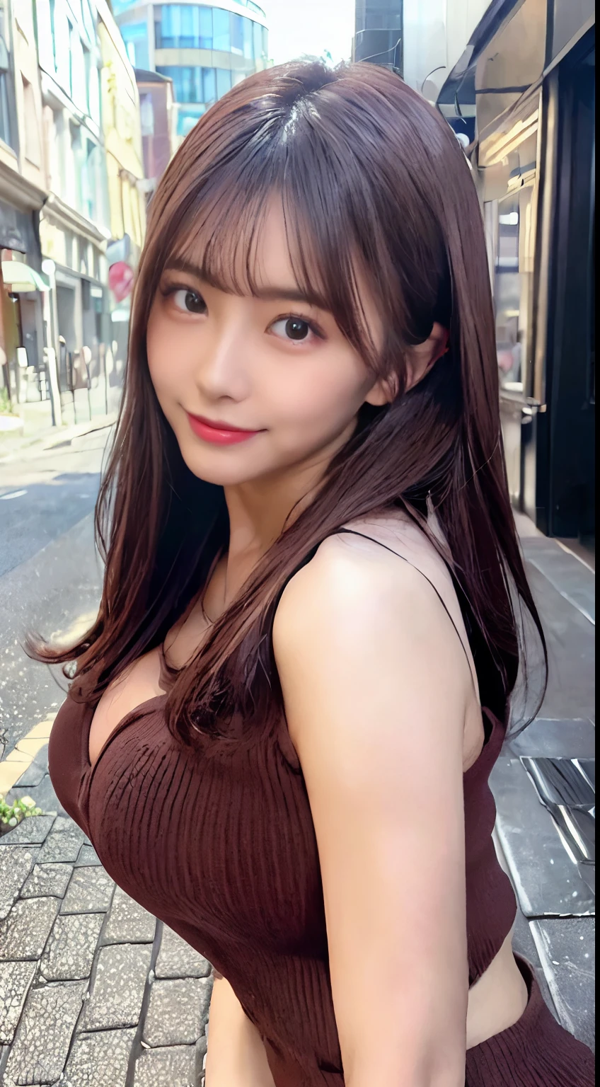 ((top quality、8K、Masterpiece:1.3))、sharp focus:1.2、Beautiful woman with perfect style:1.4、slim abs:1.2、 (((Show breasts:1.2))),(((Show breasts:1.2))),(((Show breasts:1.2))),((Dark brown hair、huge tits:1.2))、(natural soft light、city street:1.1)、Highly detailed facial and skin textures、delicate eyes、double eyelids、Sexy secretary in tight mini skirt、smile slightly、cardigan、Sexy clothing