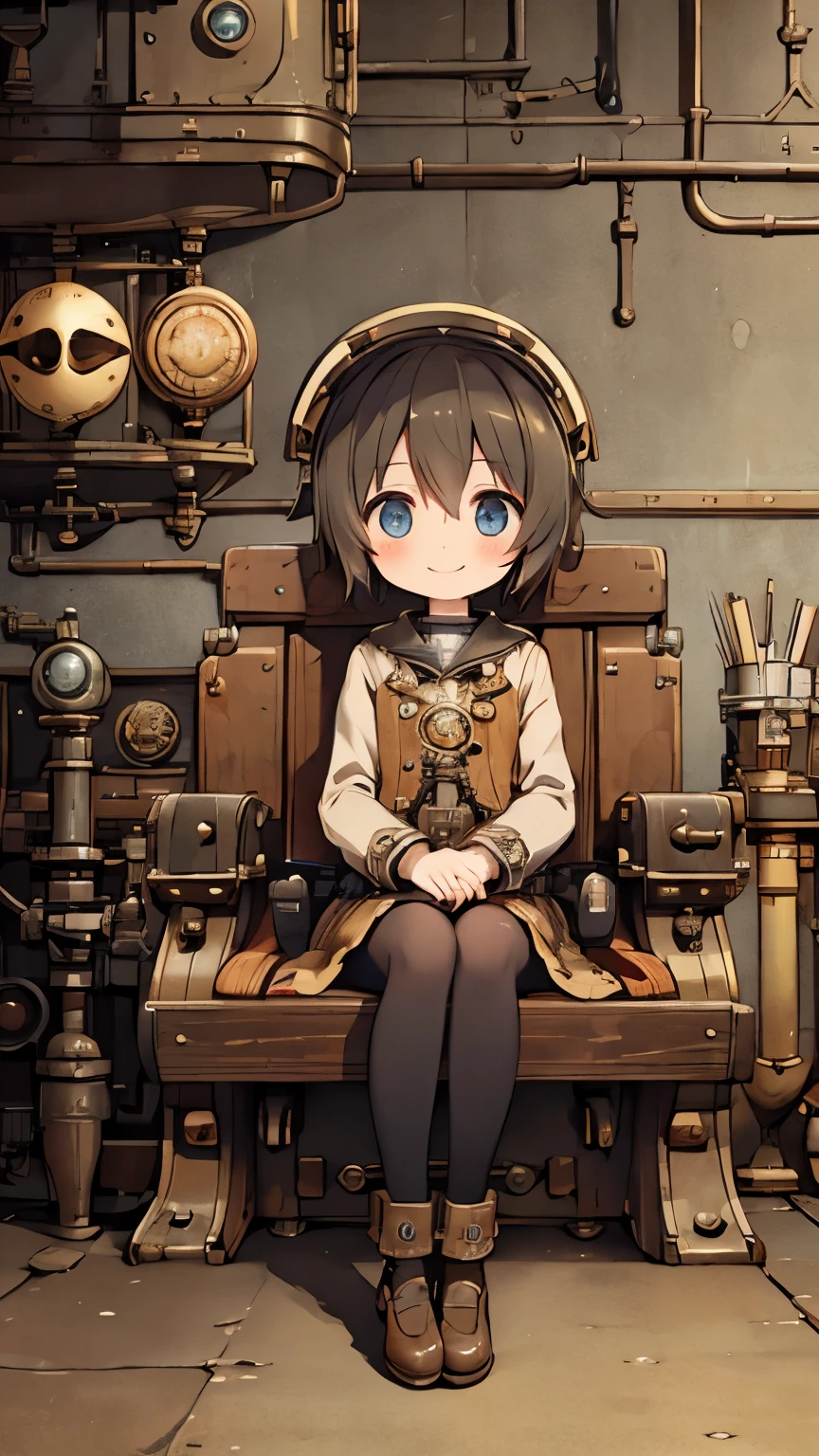 steampunkai。one girl。engineer。I&#39;m sitting in a very small cockpit of a small submarine.。is nervous。smile。