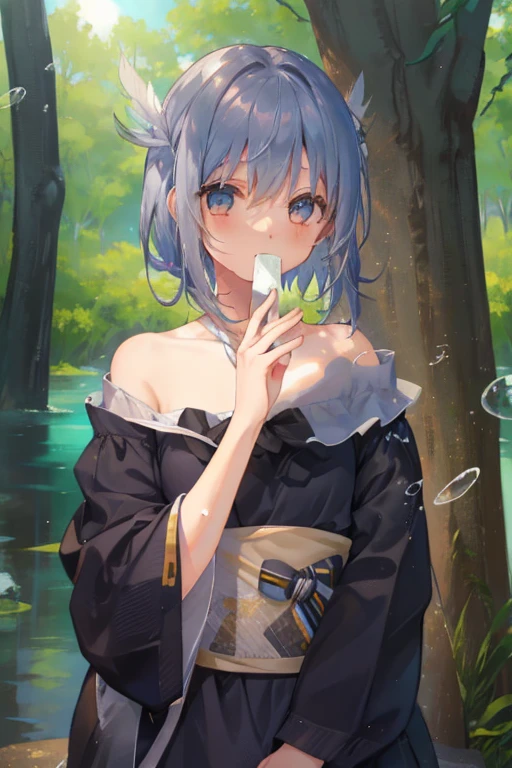one girl、Uyuni salt lake、water reflection、sunset、Len、cute、gray hair、fluttering hair、white dress、short sleeve、Feathers falling into the water、feather、angel wings