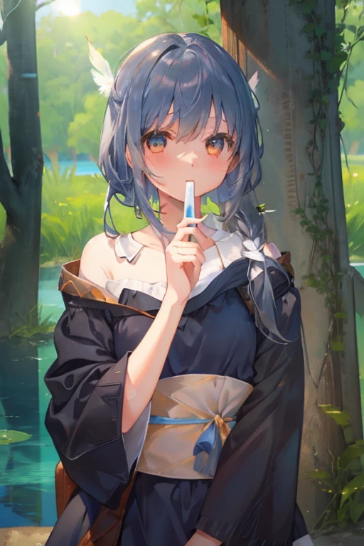 one girl、Uyuni salt lake、water reflection、sunset、Len、cute、gray hair、fluttering hair、white dress、short sleeve、Feathers falling into the water、feather、angel wings