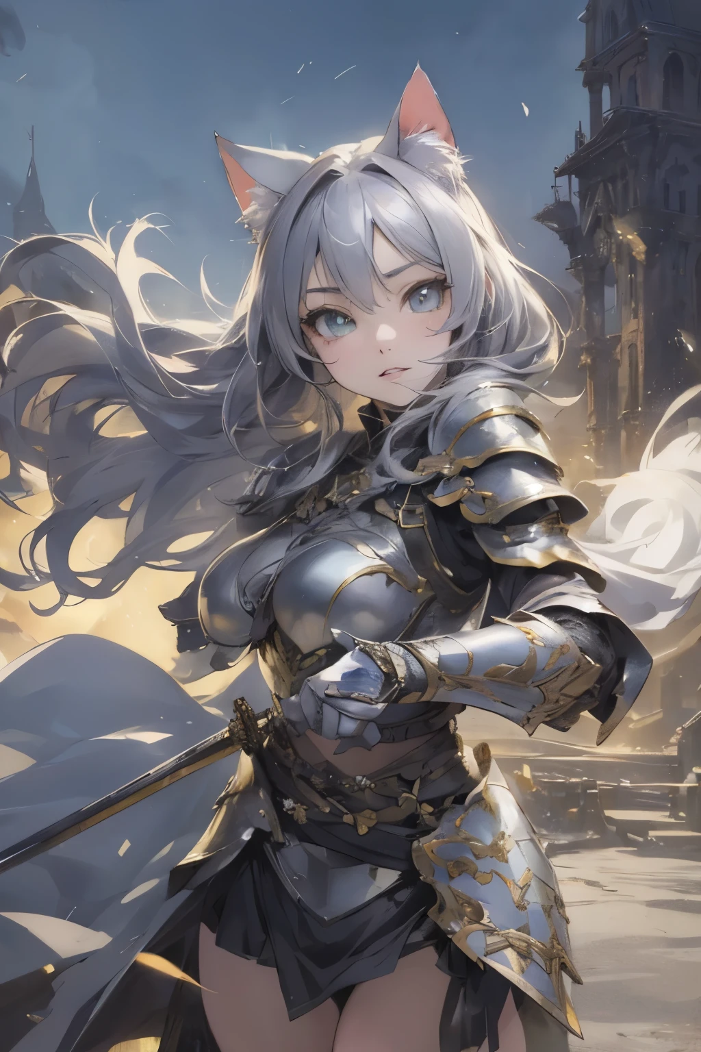 anime girl with cat and sword in front of a building, (best quality,4k,8k,highres,masterpiece:1.2), ultra-detailed, (realistic,photorealistic,photo-realistic:1.37), anime fantasy illustration, beautiful detailed eyes, beautiful detailed lips, extremely detailed eyes and face, long eyelashes, attractive cat-themed girl, stunning Catgirl Anime, detailed anime key art, detailed digital anime art, detailed anime fantasy art, arts trends on ArtStation Pixiv, attractive girl with armor, white cat, alluring cat girl, vibrant colors, dynamic lighting, breathtaking scenery, detailed building, unique art style, captivating composition, awe-inspiring atmosphere, mesmerizing world, masterful storytelling, intricate character design, lively ambiance, precise line work, immersive narrative, seamless blending of anime and fantasy elements.