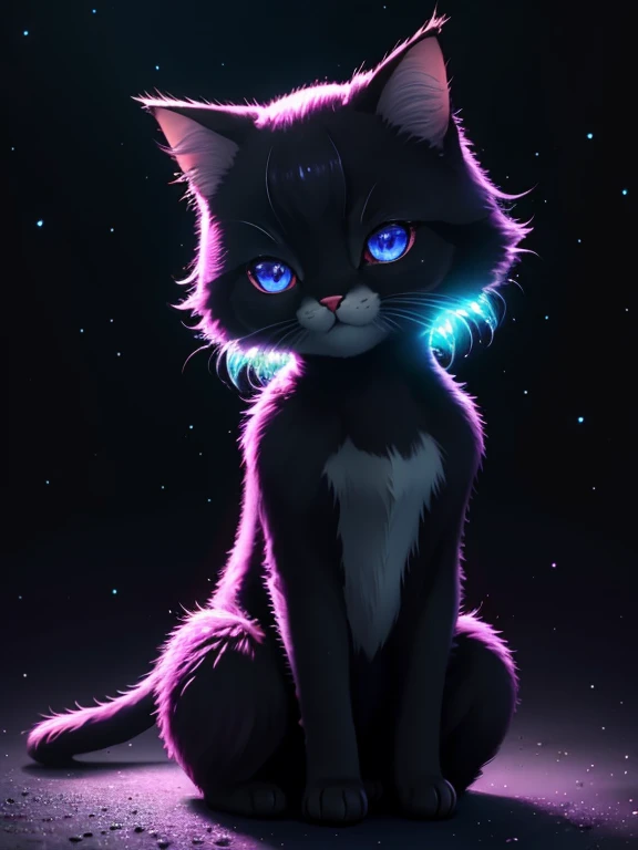 chibbi kitty, cosmic star dust fur, sitting, back paws highly detailed showed to viwer, ultra starry, ultra HD, cosmic, soft neon highlights, pastel tones, masterpiece, hyper realistic, kawaii, digital art  deep blackbackground,ultra long eyelashes, shinny glow eyes,sharp focus,ultra starry, cosmic, star dust texture