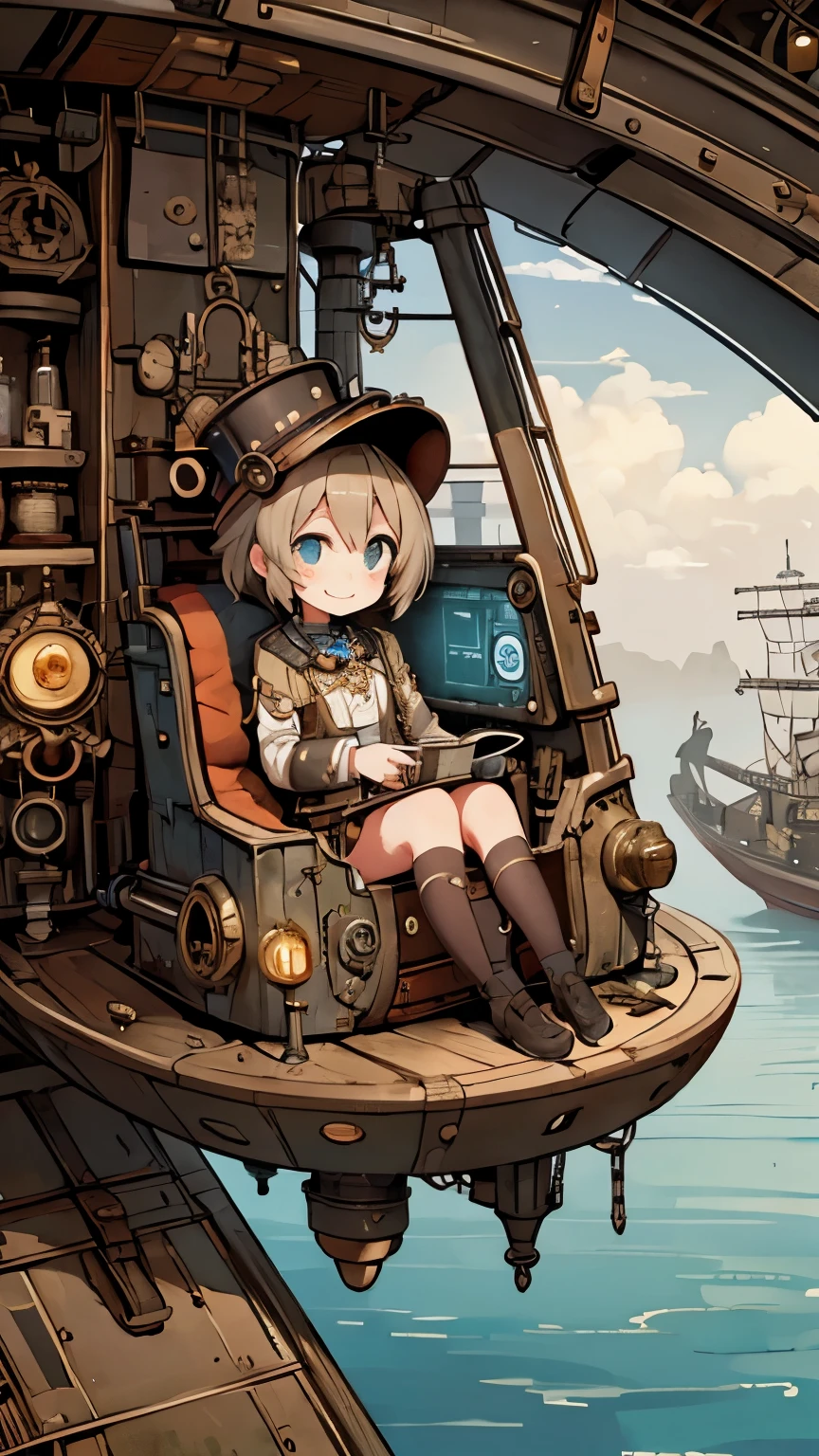 steampunkai。one girl。engineer。I&#39;m sitting in a very small cockpit of a small submarine.。is nervous。smile。