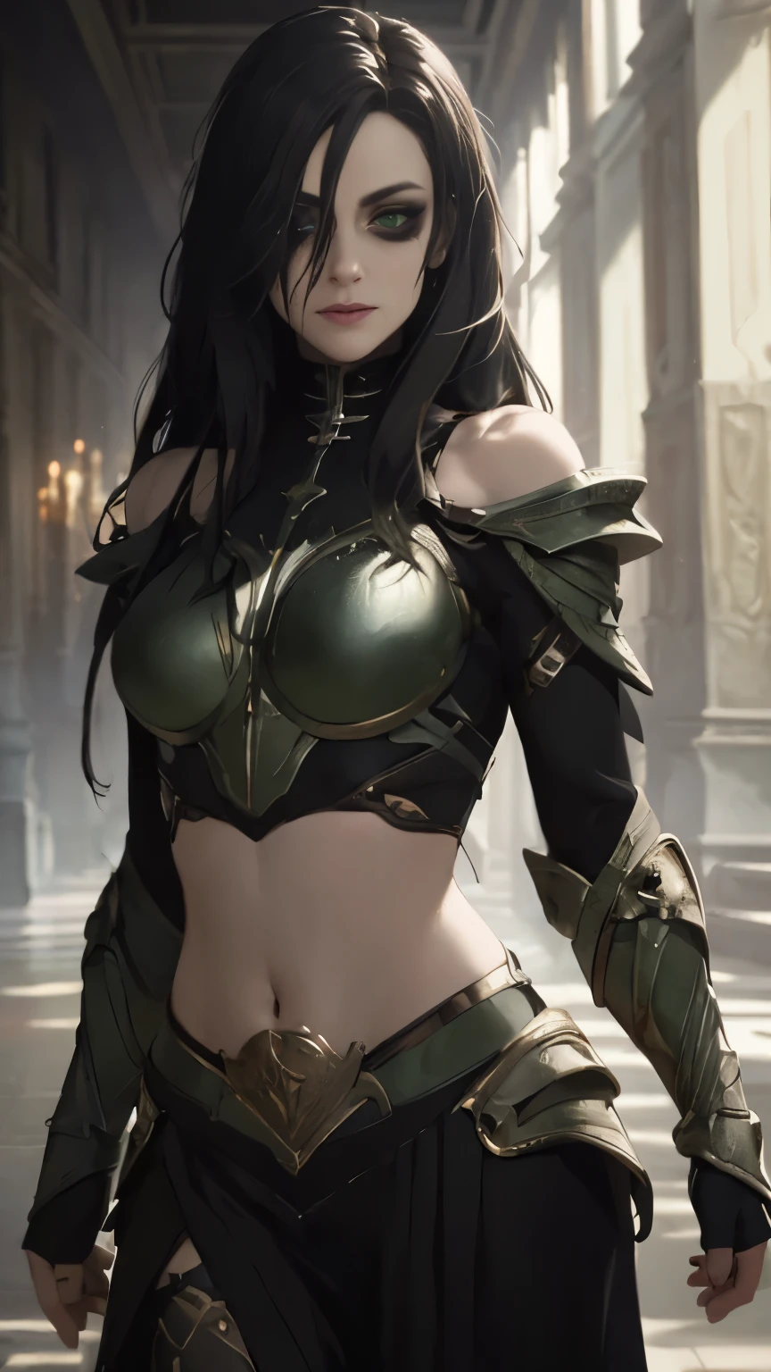 (Highly quality, masterpiece, detailed), undead city detailed scenario, undead city detailed background, 1girl, black hair, long hair, armor, bare shoulders, green eyes, navel, perfect face, beautiful eyes, look at the viewer, Sexy pose